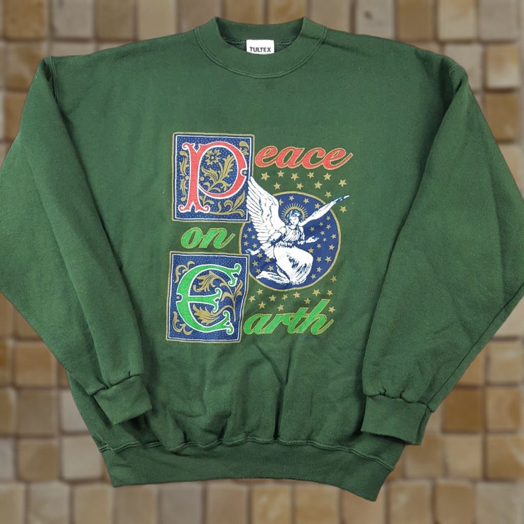 Tultex VINTAGE Peace On Earth Angel Sz Large Religious Pullover Crewneck Sweatshirt Mens 90s Green Tultex Sweatshirt Size US L / EU 52-54 / 3 - 1 Thumbnail