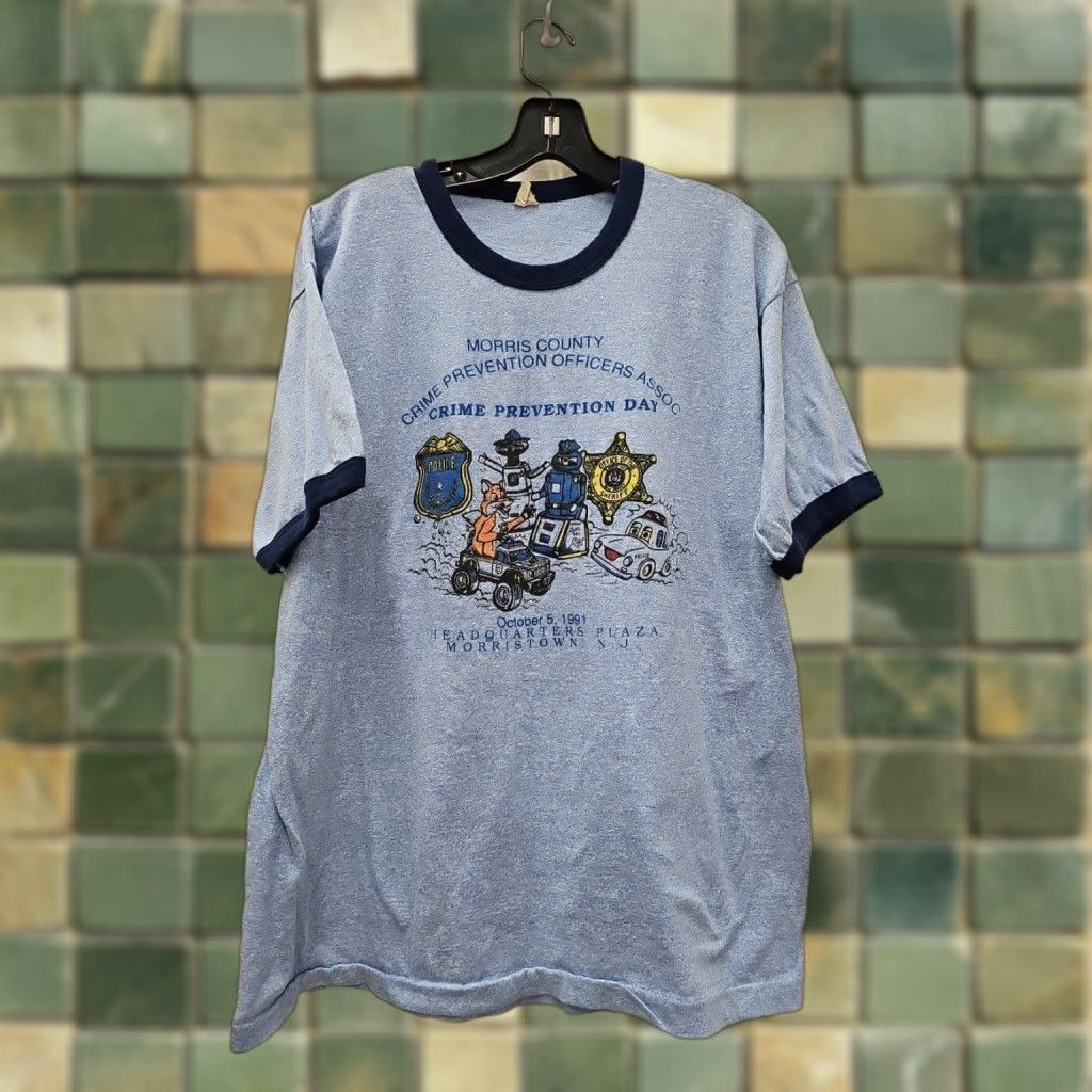 Vintage VINTAGE Jersey Graphic Print Shirt XL Blue Police Crime Prevention Officers Ringer Tee Men Screen Stars 90s Size US XL / EU 56 / 4 - 1 Thumbnail
