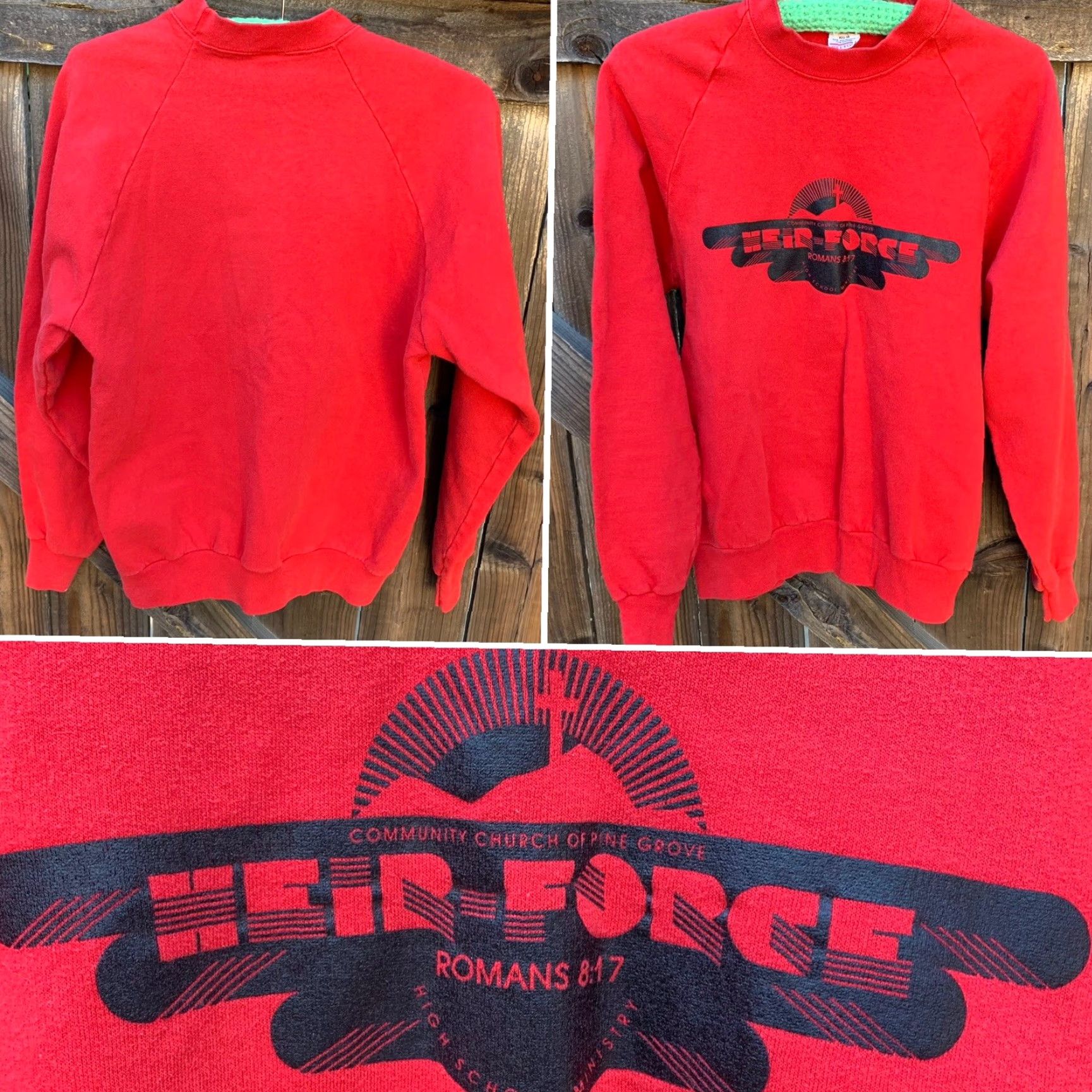Vintage Belton Red Raglan Sweatshirt Men L Graphic Print Christian Heir Force Romans 8:17 Vintage 70s 80s USA Shirt Pullover Crew Neck Size US L / EU 52-54 / 3 - 2 Thumbnail