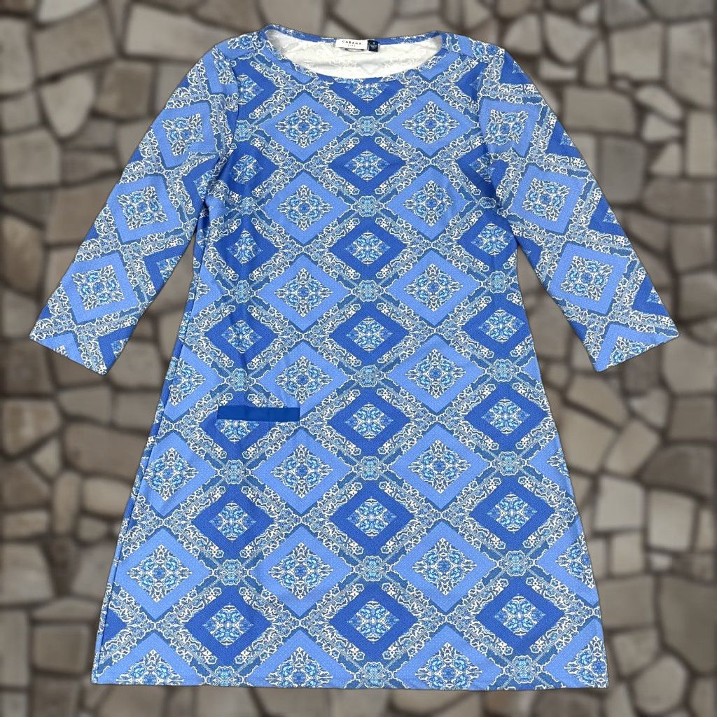 Vintage Cabana Life Mini Dress Women Small Blue Geometric 3/4 Sleeve Casual Pocket Stretch Size S / US 4 / IT 40 - 1 Thumbnail