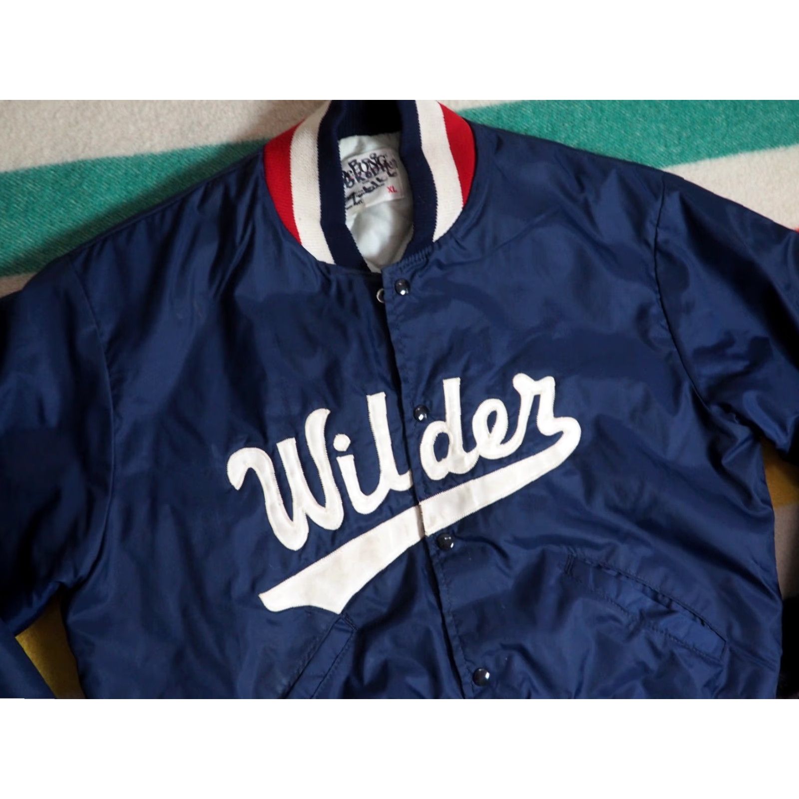 Vintage VINTAGE DeLong Bomber Jacket Mens XL BLUE Satin Nylon 80s Satin Lined Embroidered Patch 25.5" Pit 28" Length Size US XL / EU 56 / 4 - 3 Thumbnail