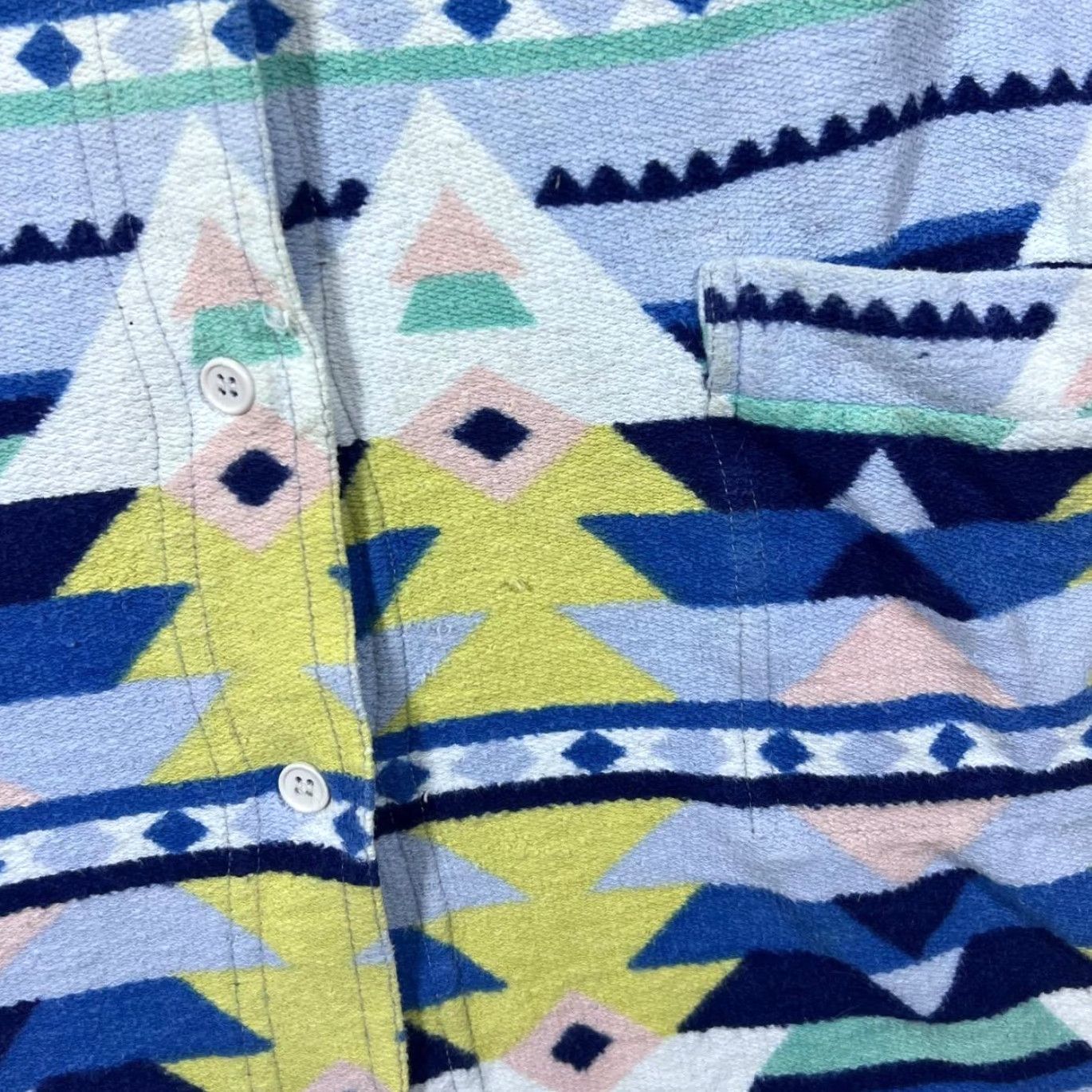 Vintage VINTAGE Crazy Aztec Patterned Towelling Effect Long Sleeve Flannel Shirt L Blue Mix/Yellow/White/Pale Pink Womens/Mens Size US L / EU 52-54 / 3 - 5 Thumbnail