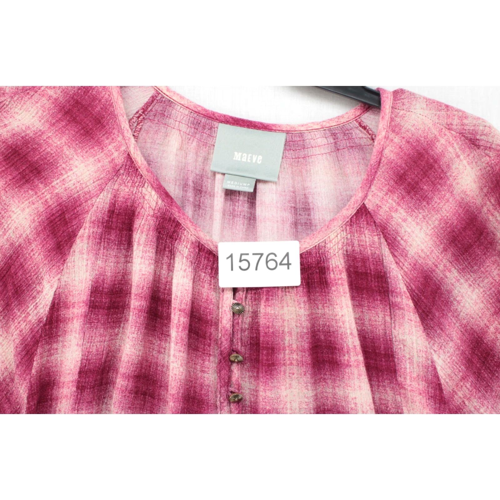 Vintage Maeve Anthropologie Top Women's Medium Pink Plaid Button-Up Boho Balloon Sleeve Shirt Size M / US 6-8 / IT 42-44 - 8 Thumbnail
