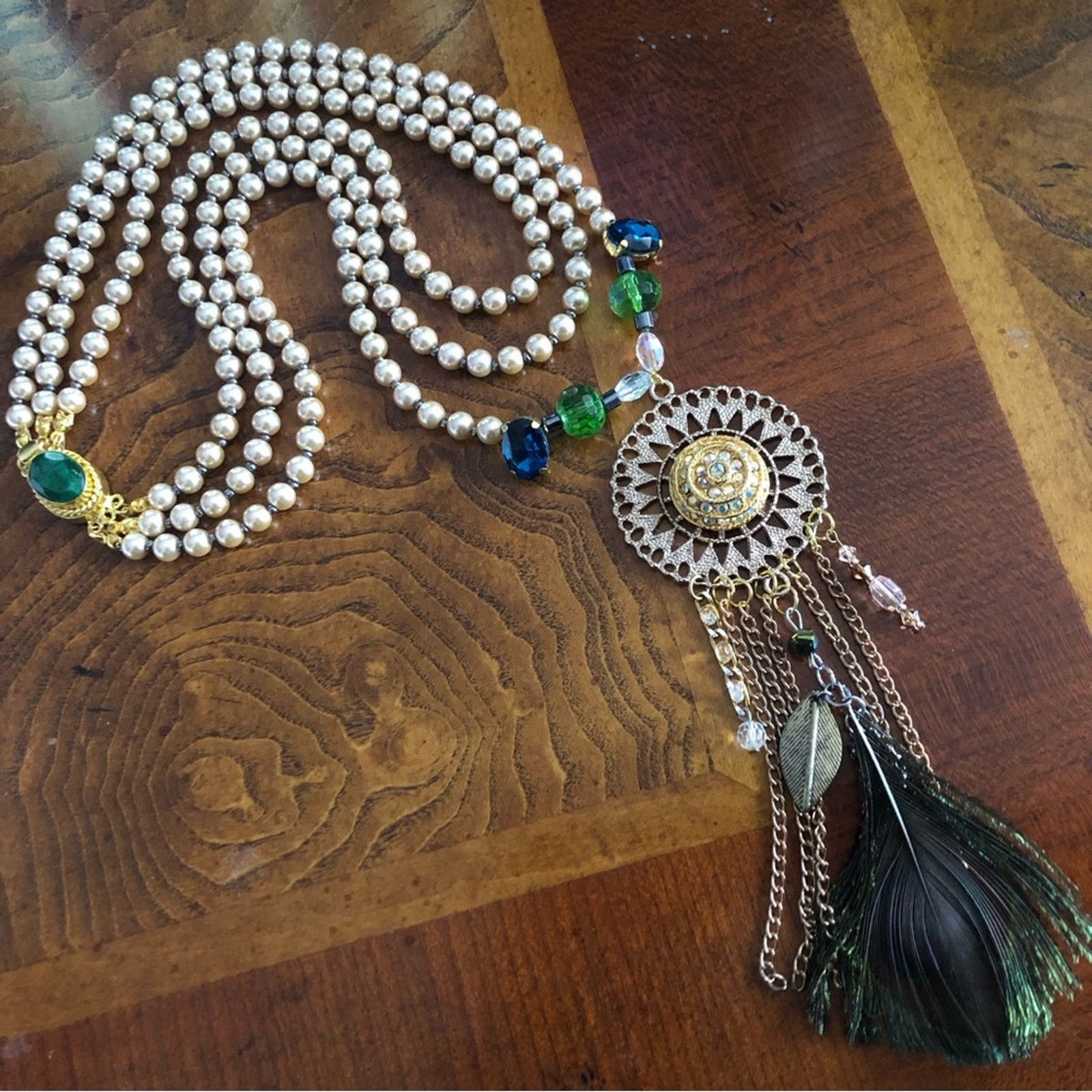 Handmade Handcrafted filigree pendant Pearl genuine emerald necklac Size ONE SIZE - 2 Thumbnail