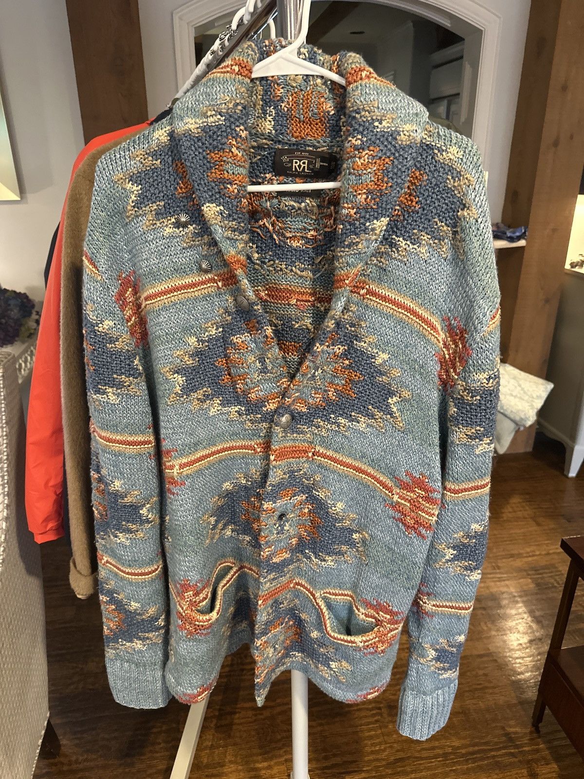 image of Rrl Ralph Lauren Double Rl Hand Knit Cardigan Sweater in Blue, Men's (Size Large)