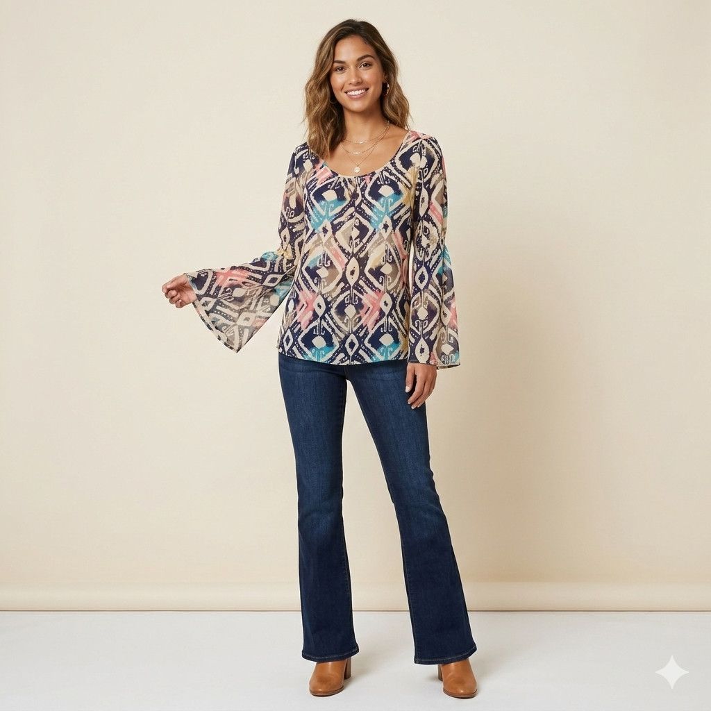 Other Blu Pepper Size L Blouse Long Bell Sleeve Ikat Pink Blue Size L / US 10 / IT 46 - 2 Thumbnail