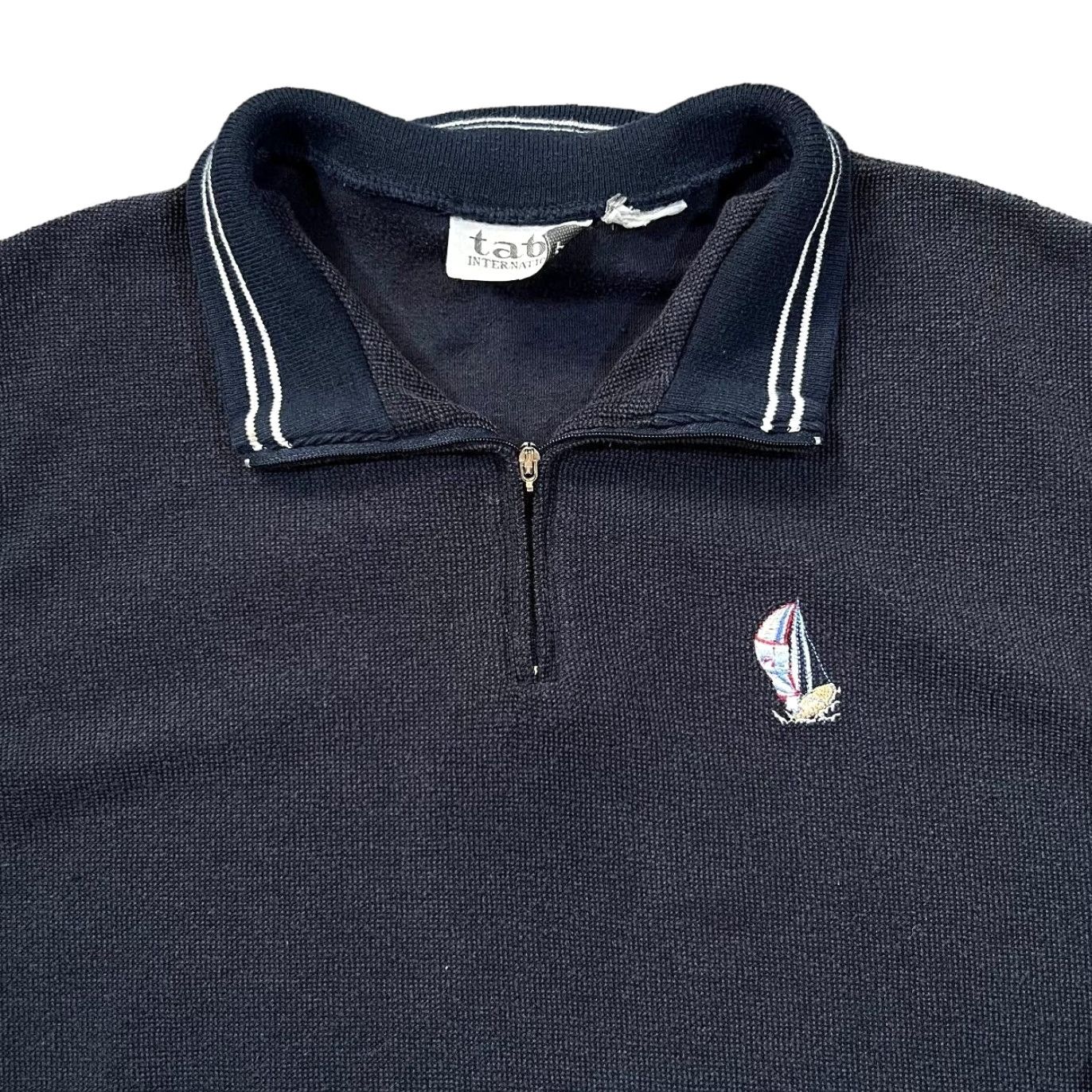 Vintage TABI INTERNATIONAL Embroidered Mini Boat Motif 1/4 Zip Sweatshirt Small Navy Mens Pullover Size US S / EU 44-46 / 1 - 2 Thumbnail