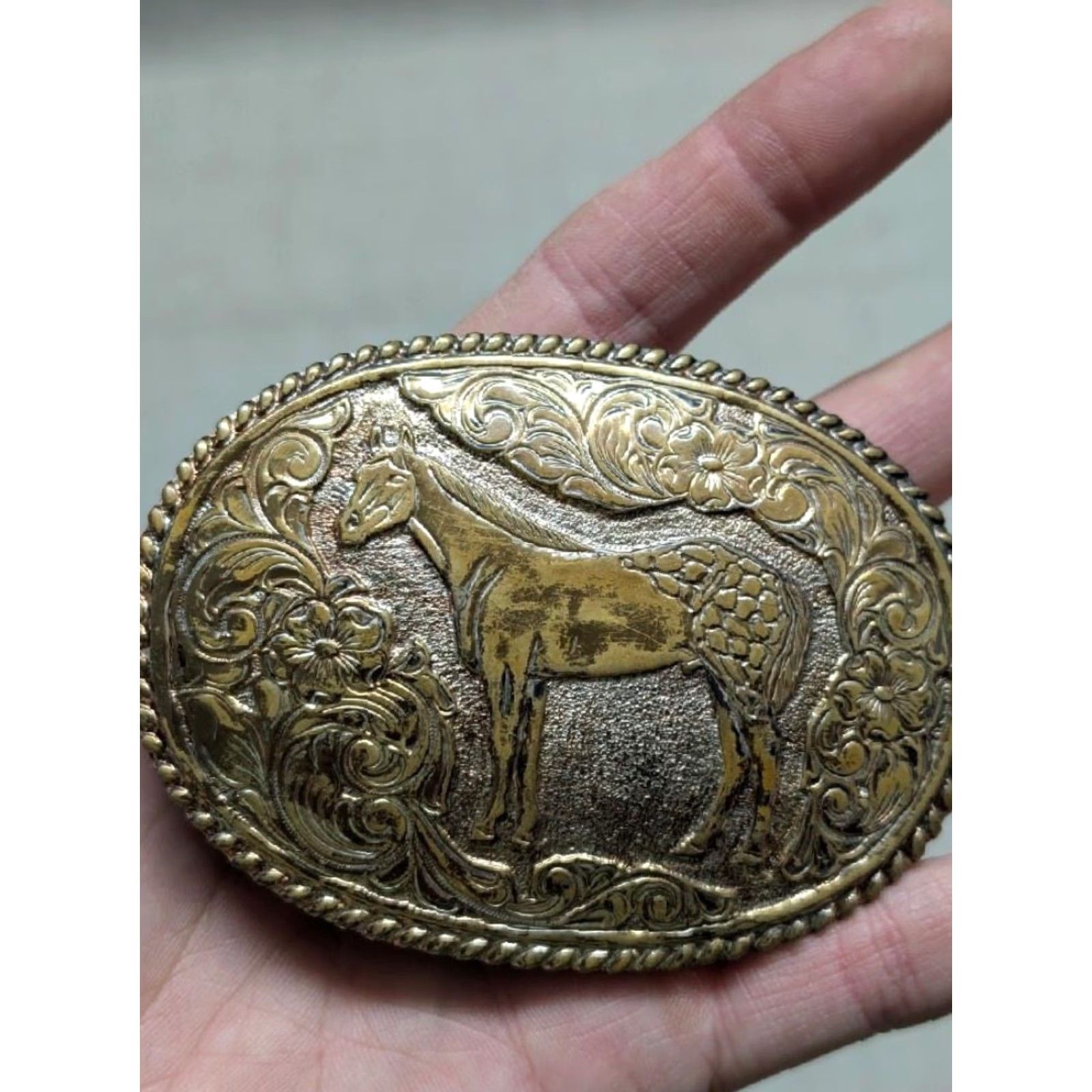 Vintage VINTAGE Crumrine belt buckle BRONZE HORSE floral WESTERN cowboy Men Size ONE SIZE - 7 Thumbnail