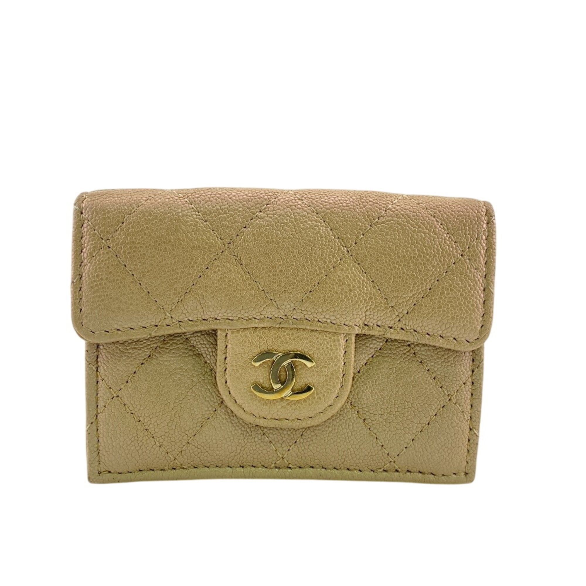 Chanel CHANEL Compact Wallet Matelassé Caviar Leather Tri-fold Beige Size ONE SIZE - 1 Thumbnail