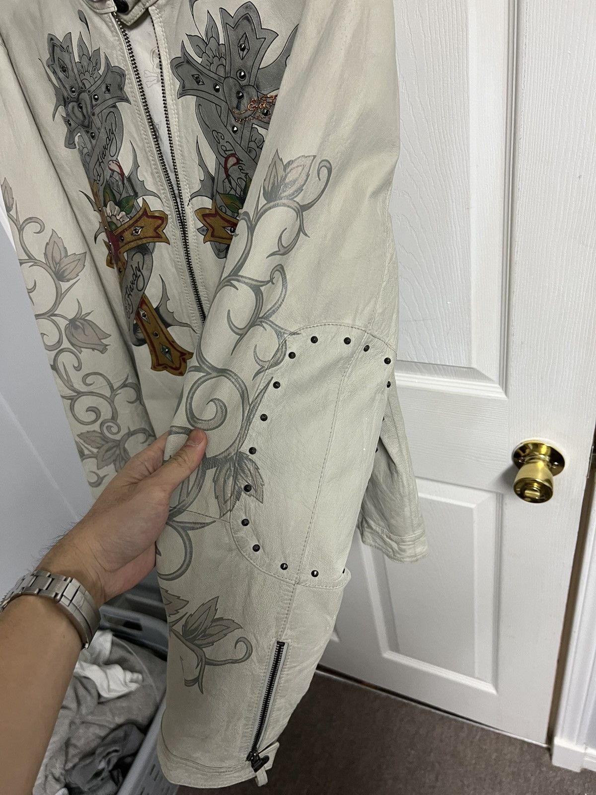 Christian Audigier × Ed Hardy Ed Hardy x Christine Audigier Leather Jacket Off White Size US XL / EU 56 / 4 - 8 Thumbnail