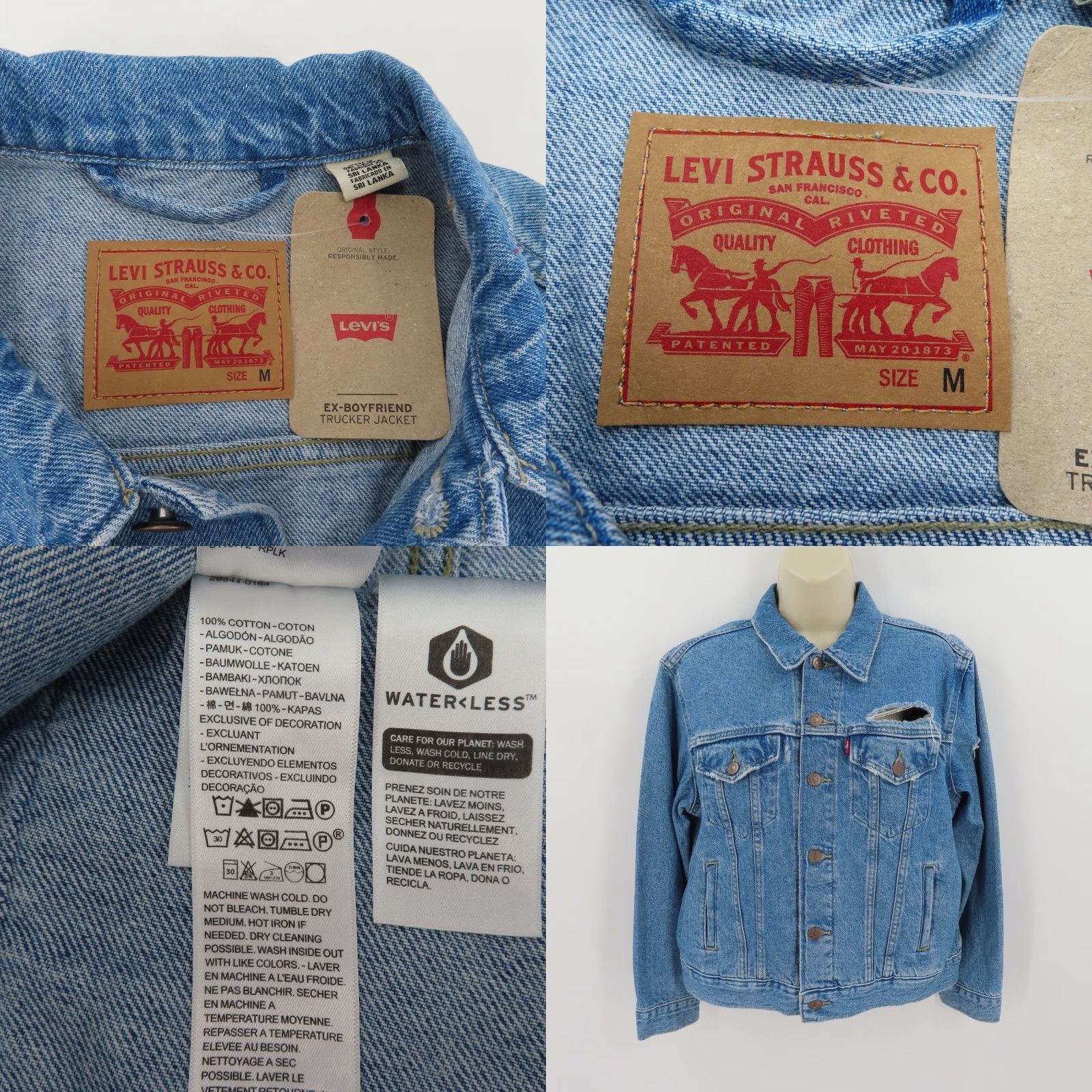 Levi's Levis Womens Medium Ex Boyfriend Trucker Jacket Blue Denim Jean Distressed NEW Size 32" / US 10 / IT 46 - 8 Thumbnail