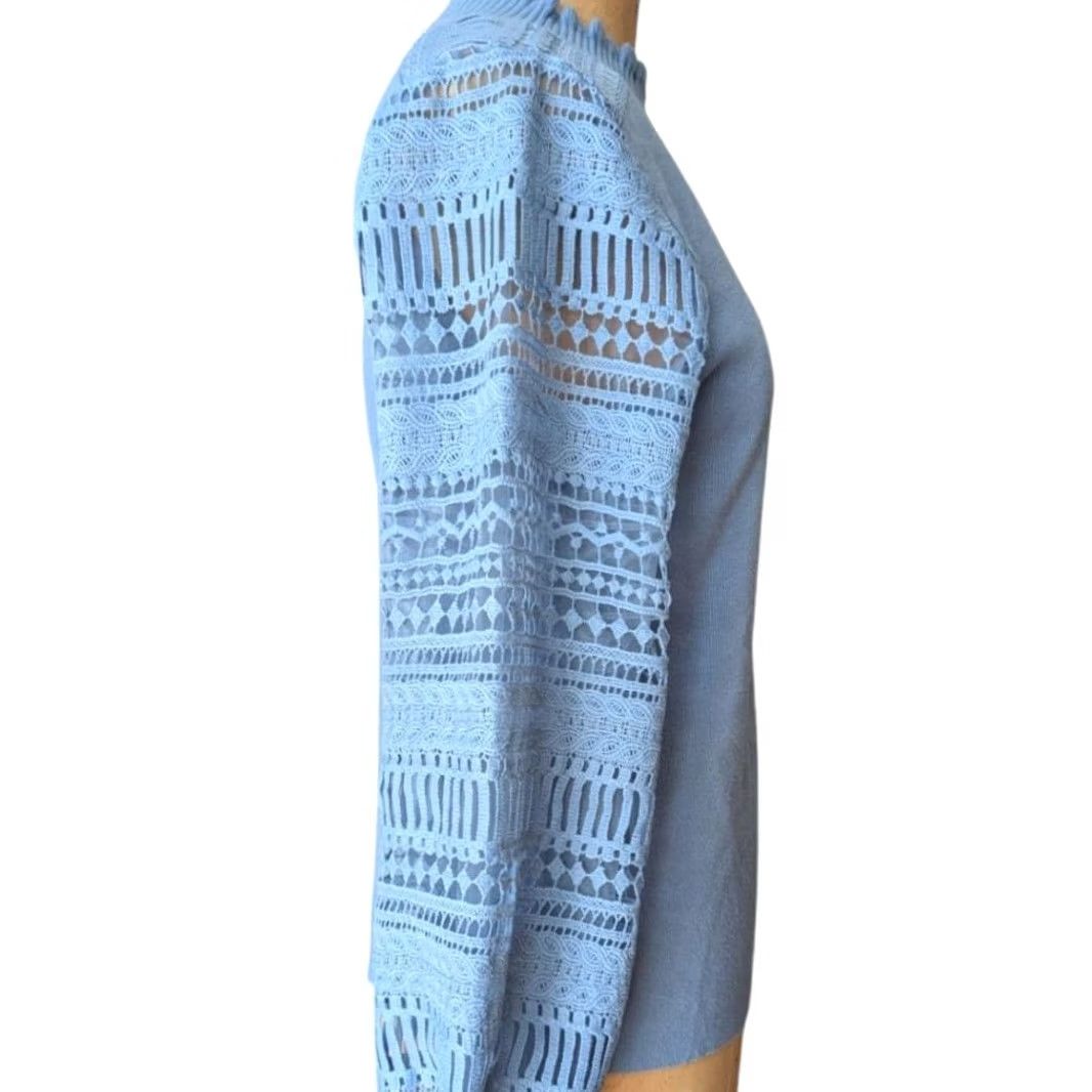 Vintage Sioni Light Blue Mock Neck Sweater Sz M Women Shirt Pullover Balloon Sleeve Crochet Mixed Media Blue 90s? Size M / US 6-8 / IT 42-44 - 2 Thumbnail