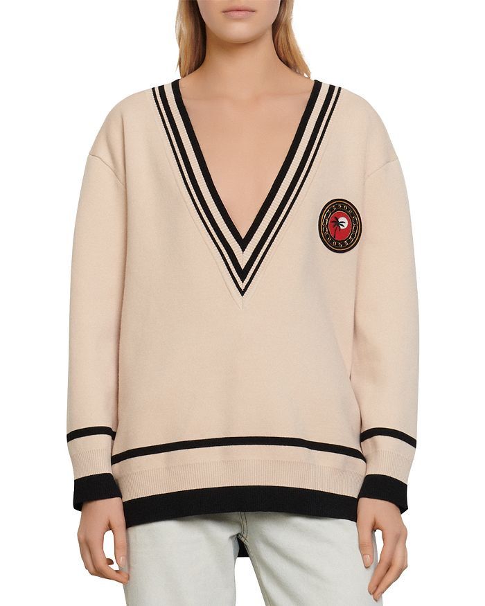 Designer × Sandro SANDRO Paris Palm Tree College Jumper V Neck Size 1 S Size S / US 4 / IT 40 - 1 Thumbnail
