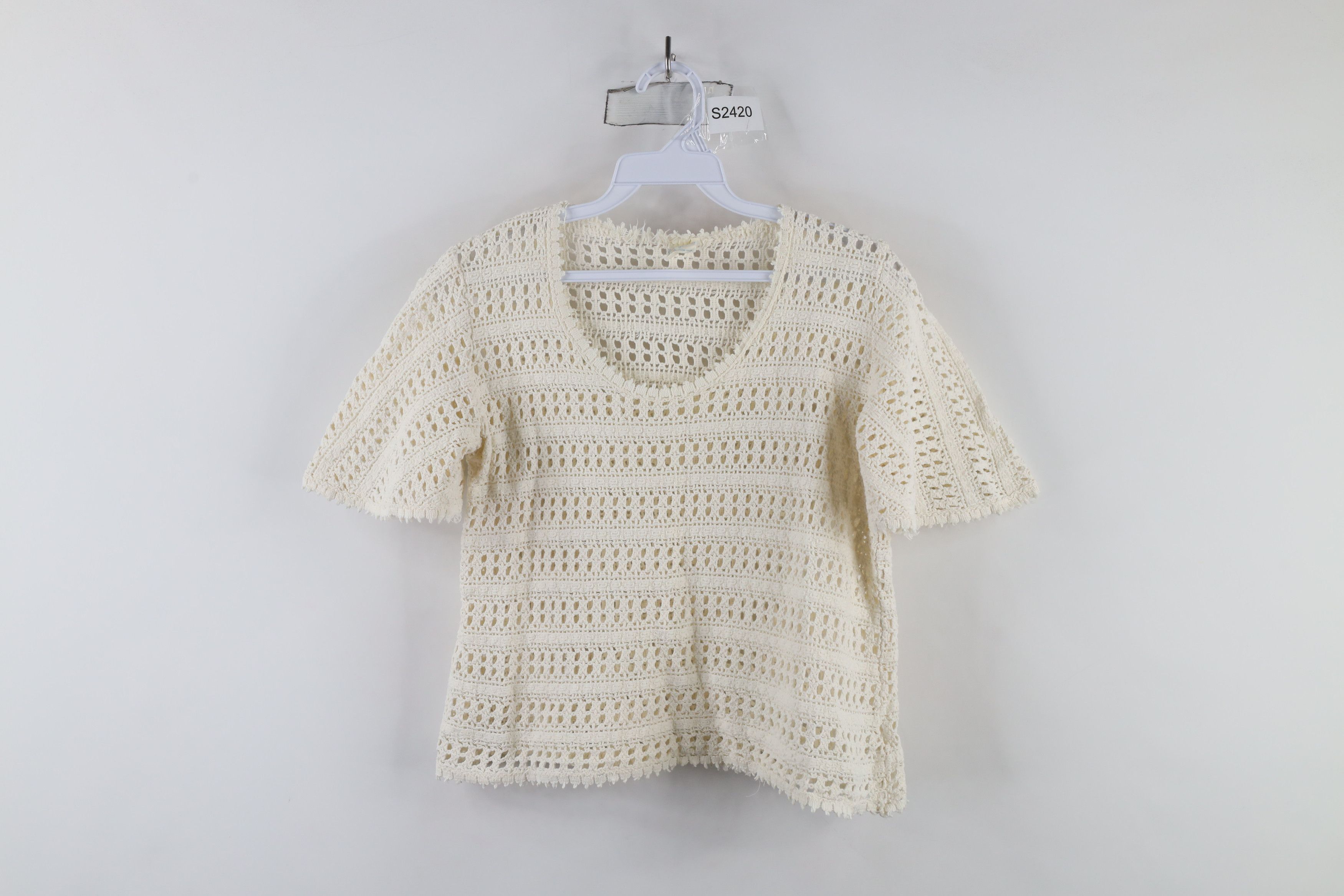 Vintage Vintage 70s Boho Chic Sleeve Crochet Knit T-Shirt Cream USA Size M / US 6-8 / IT 42-44 - 1 Thumbnail