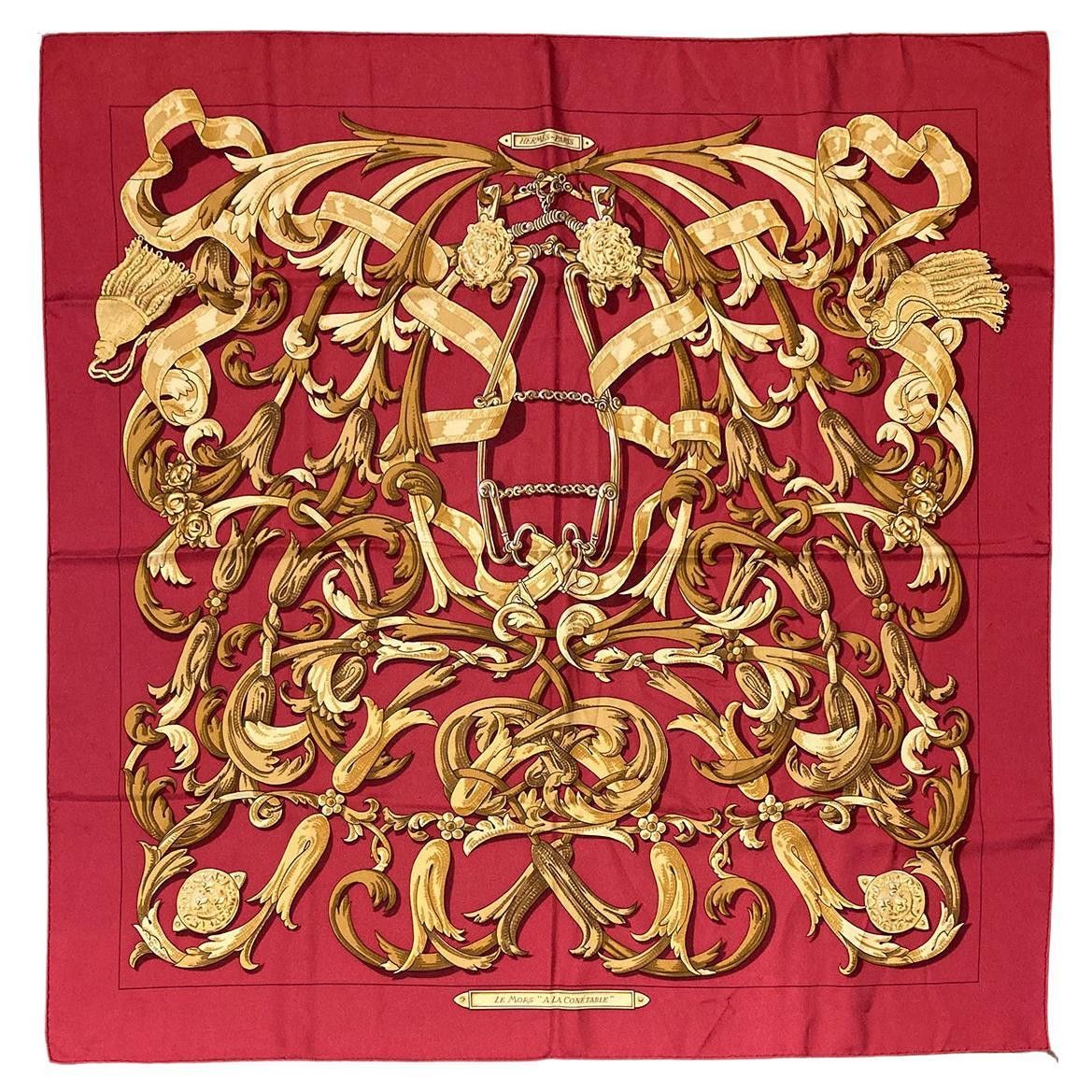 image of Hermes Vintage Le Mors A La Conetable Silk Scarf In Red C1970S, Women's