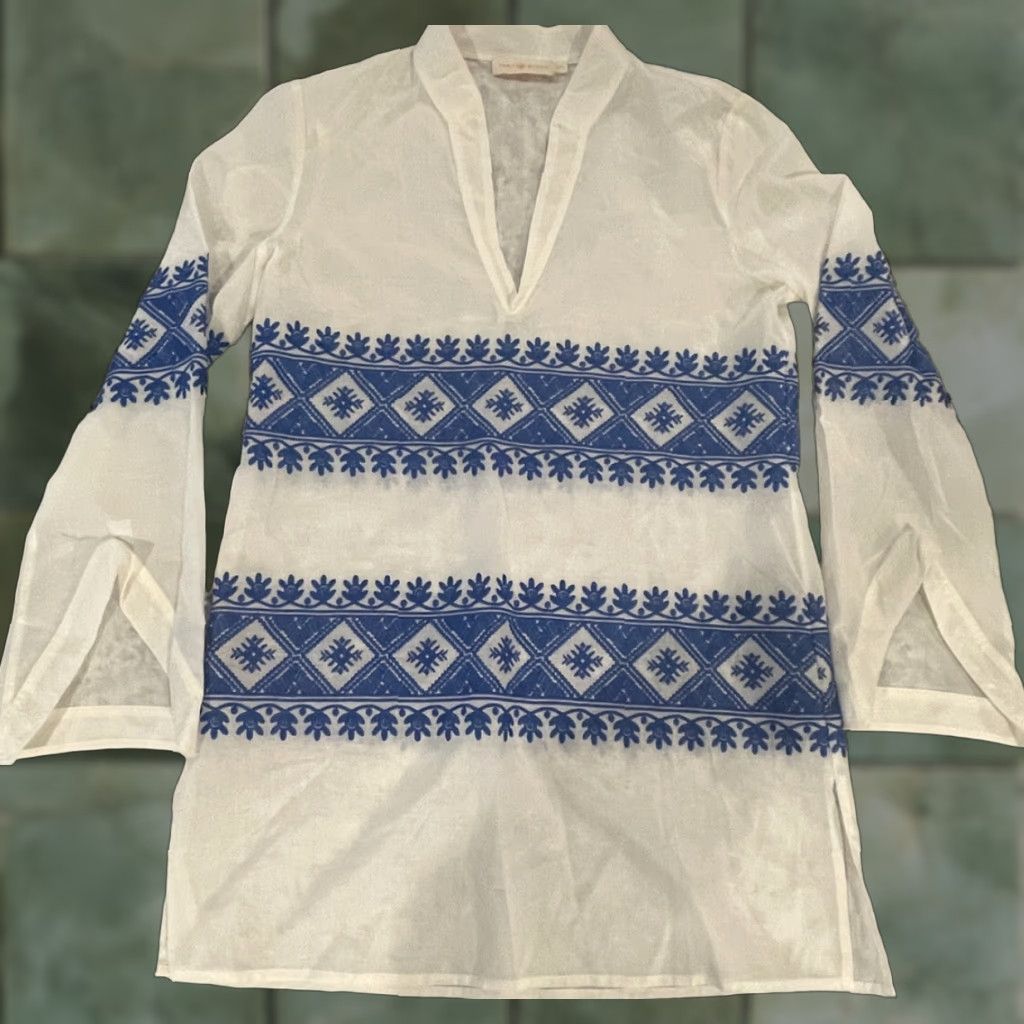 Tory Burch Tory Burch Blouse Tunic Top XS Ivory Blue Embroidered Stephanie Geometric Long Sleeve Women Size XS / US 0-2 / IT 36-38 - 1 Thumbnail
