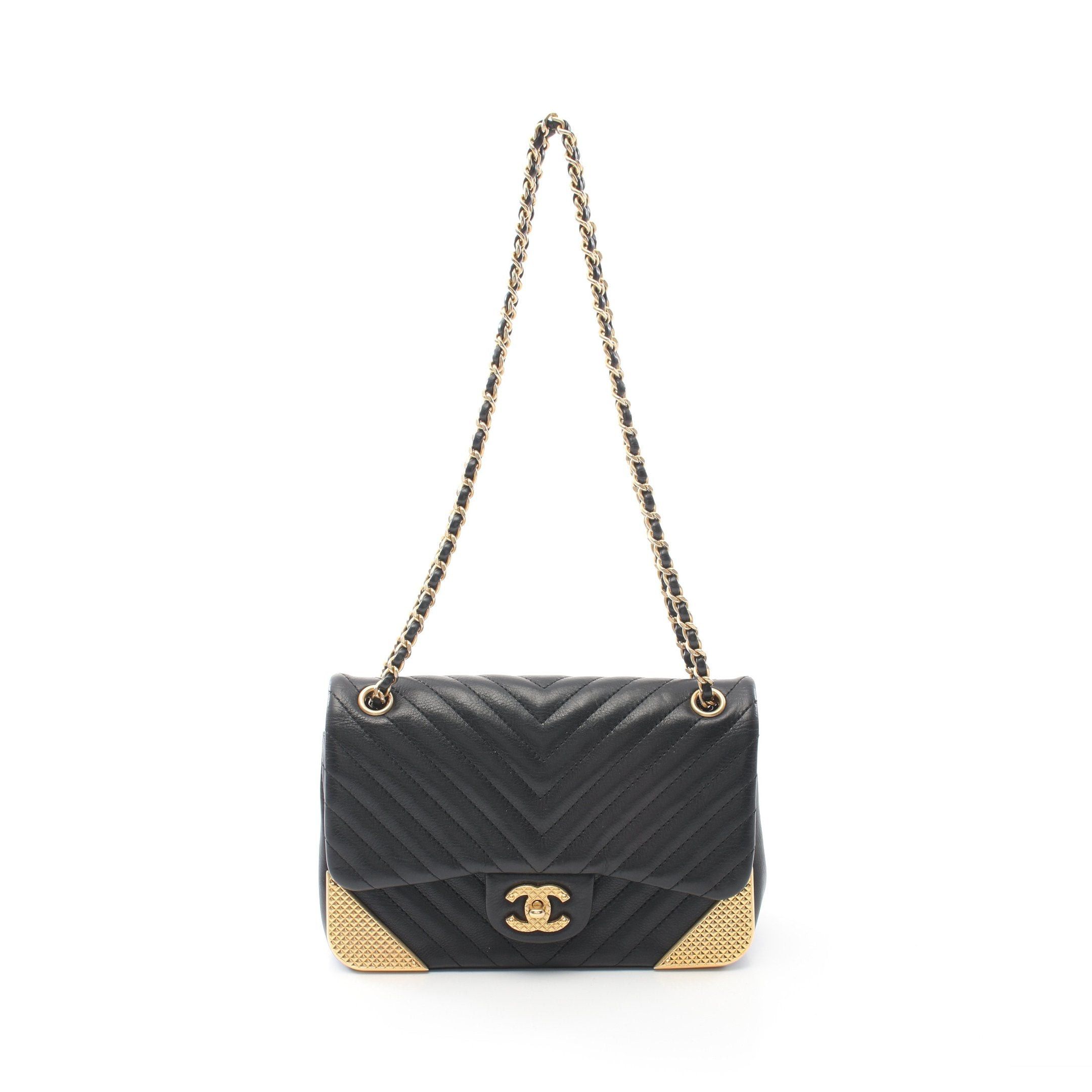 Chanel Chanel V-Stitch Double Chain Shoulder Bag Lambskin Black Gold Hardware Size ONE SIZE - 1 Thumbnail