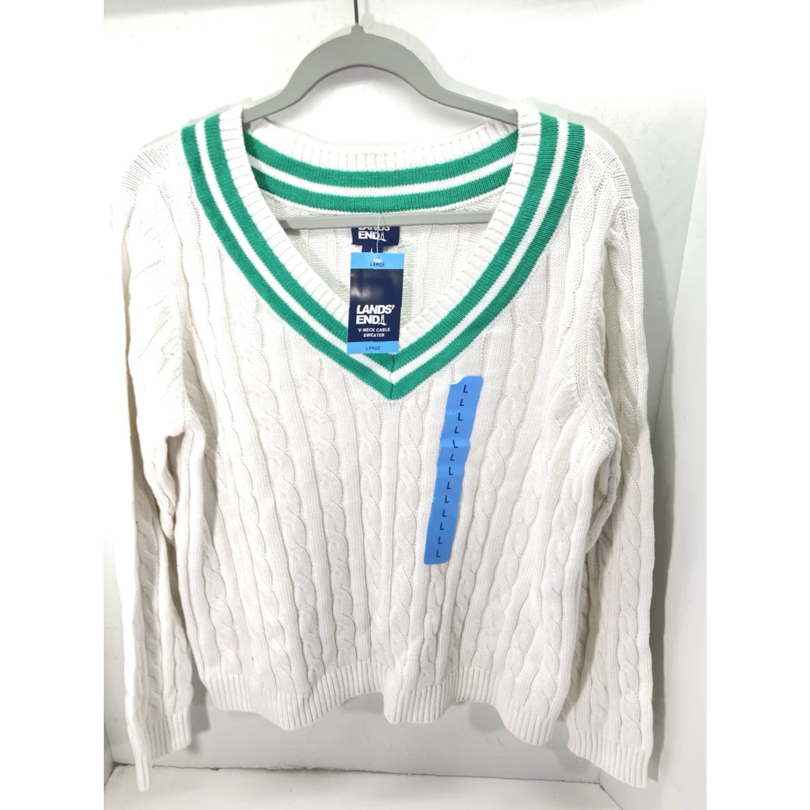 Lands' End Lands' End V Neck Cable Sweater Women Large White Long Sleeve Pullover Cotton NWT Size L / US 10 / IT 46 - 2 Thumbnail