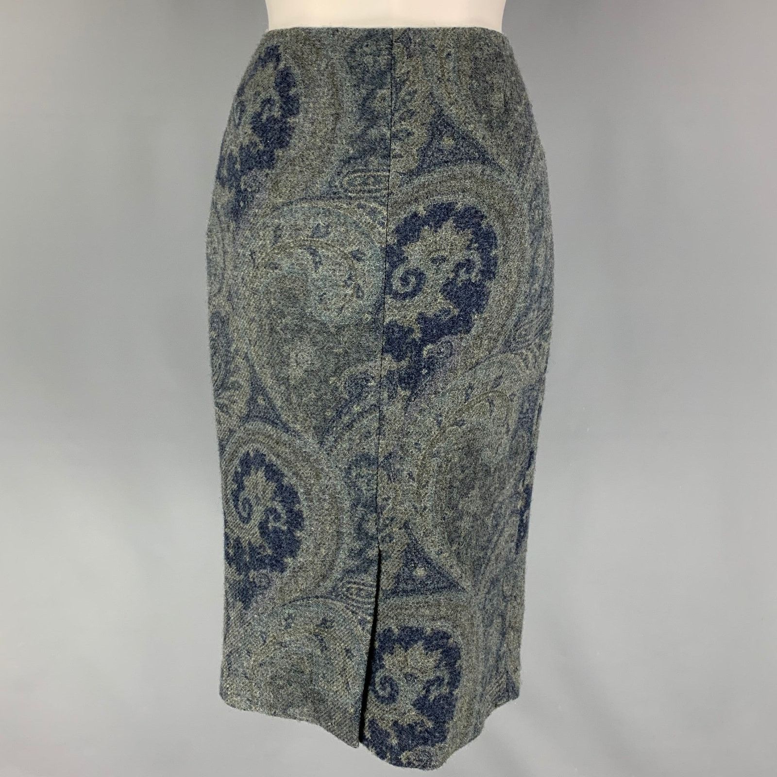 Ralph Lauren Size 4 Blue Grey Wool Paisley Pencil Below Knee Skirt Size 27" / US 4 / IT 40 - 3 Thumbnail