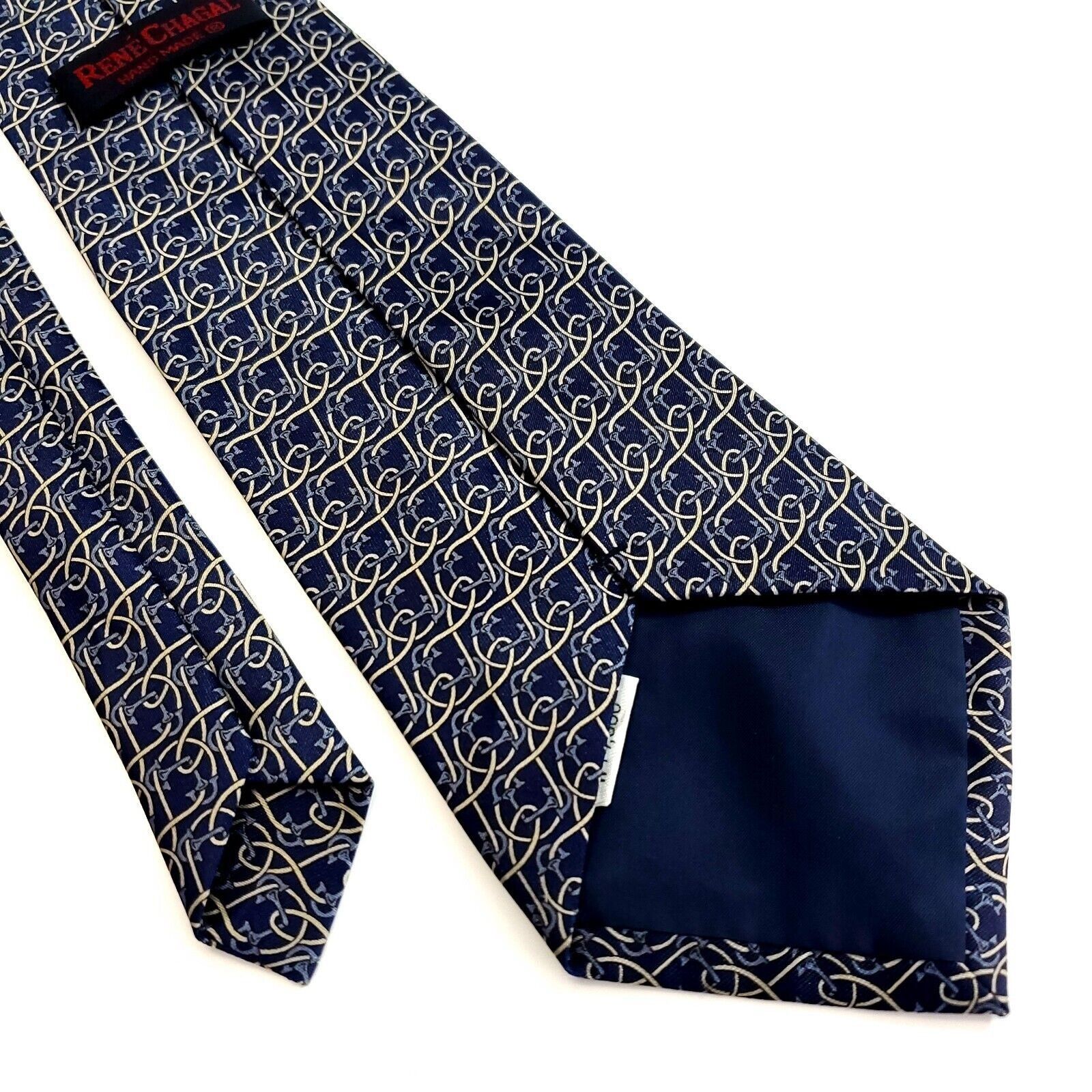 Designer Rene Chagal Blue Tan Geometric Print Wide Silk Tie Size ONE SIZE - 5 Thumbnail