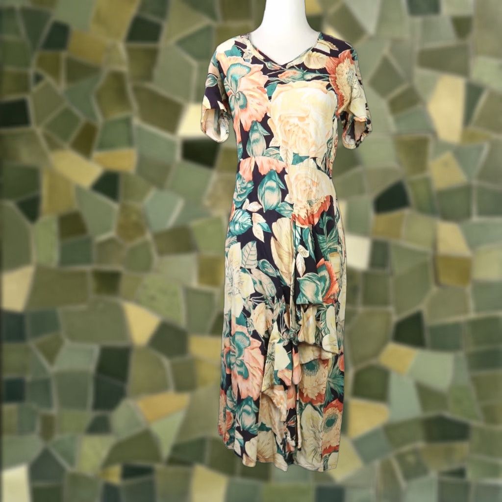 VINTAGE 90s All That Glitters Floral Midi Dress S Black Pale Yellow Women V-Neck Short Sleeve Cotton A-Line 43