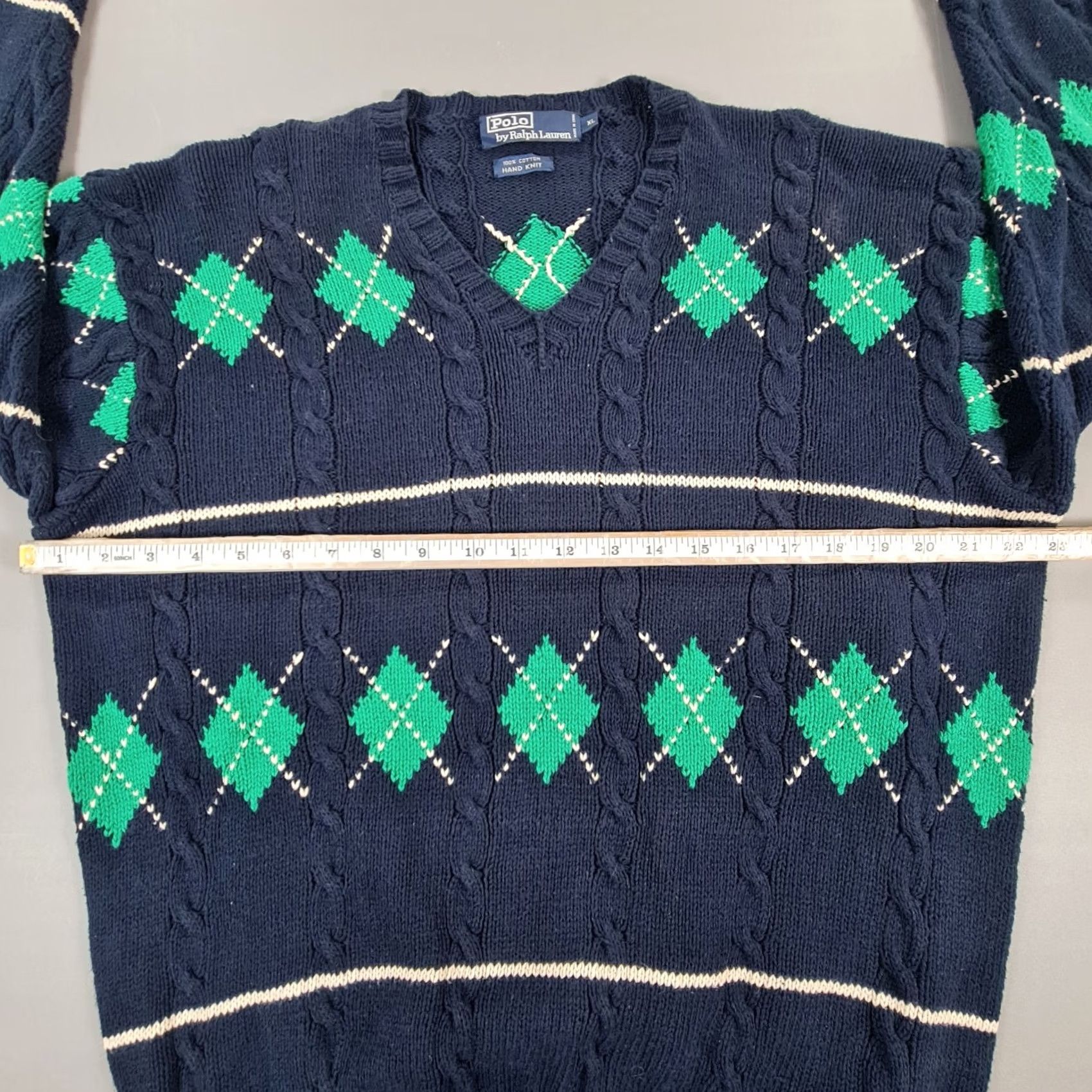 Polo Ralph Lauren VINTAGE Polo Ralph Lauren Jumper Mens XL Navy Blue Cable-Knit Argyle Diamond Hand Knit V-Neck Pullover Cotton Socks? Size US XL / EU 56 / 4 - 5 Thumbnail