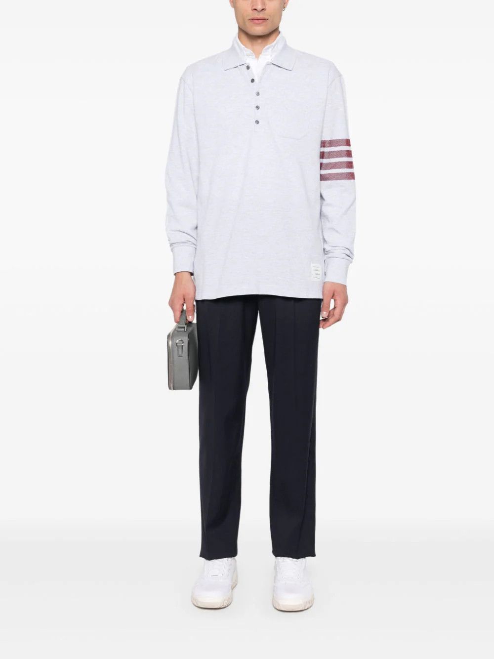 Thom Browne o1s22i1n1124 Long-Sleeved 4-Bar Polo Shirt in Grey Size US M / EU 48-50 / 2 - 1 Thumbnail
