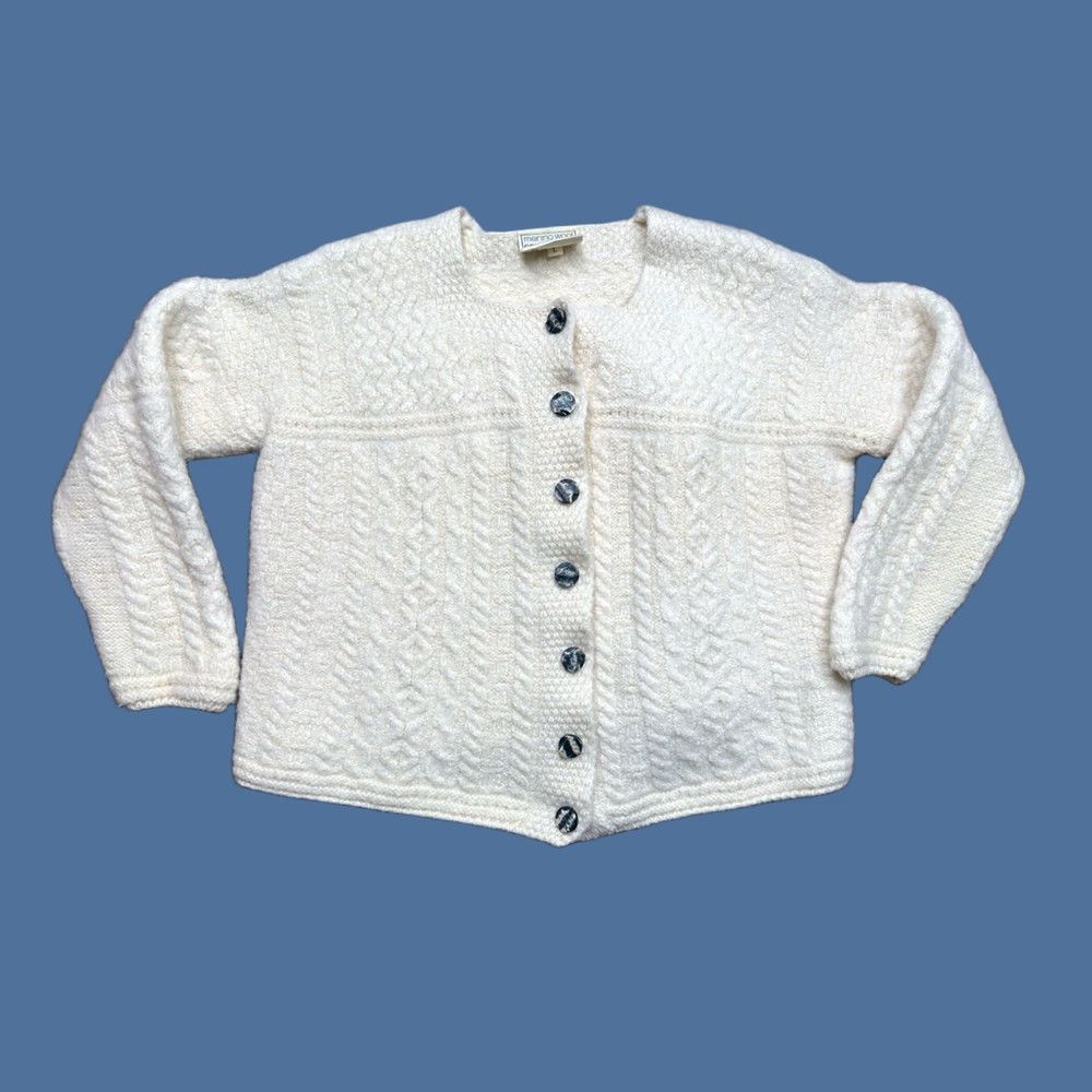 Vintage Connemara Knitwear Ivory Irish Cable Knit Merino Wool Cardigan Sweater Large Cardigan Ladies Size L Crew Neck Knit Wool Button Shoulder Ladies Mens? Size L / US 10 / IT 46 - 1 Thumbnail