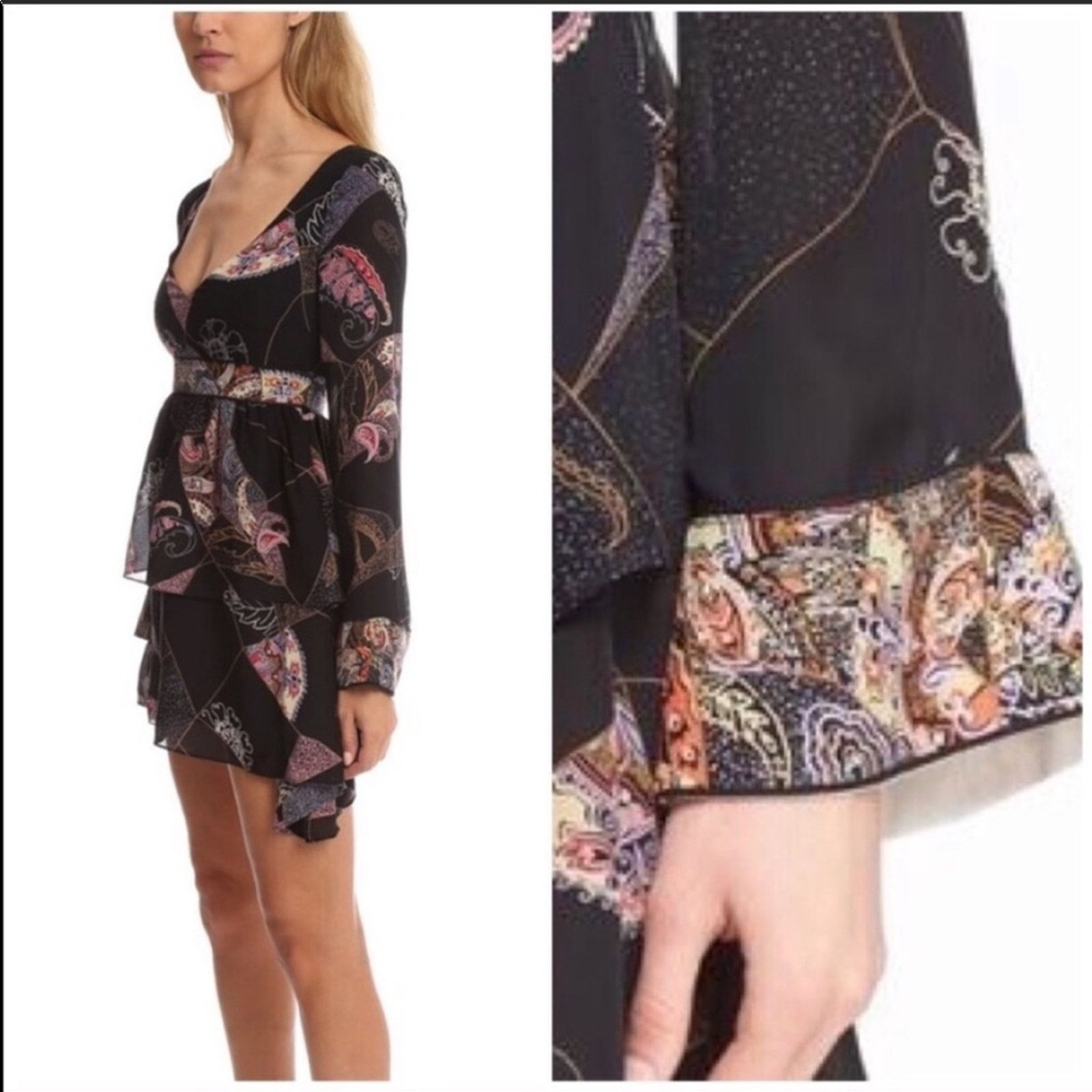 NEW NWT ELIZABETH AND store JAMES Black Long Sleeve Paisley Lilou Patchwork Dress 4