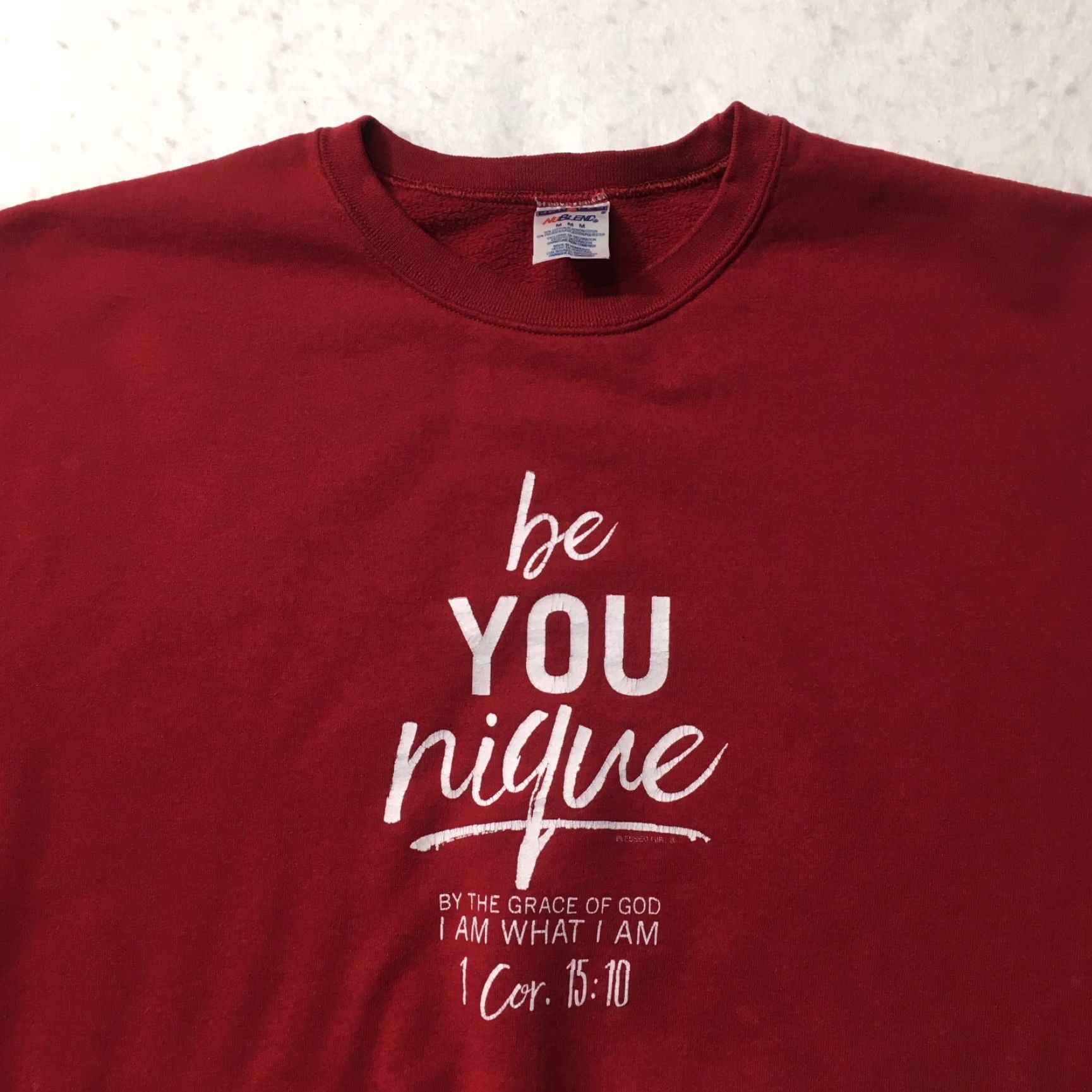 Jerzees VINTAGE Jerzees Sweatshirt 90s Long Sleeve Crew Bible Verse 1 Cor. 15:10 God Burgundy Men M Size US M / EU 48-50 / 2 - 2 Thumbnail