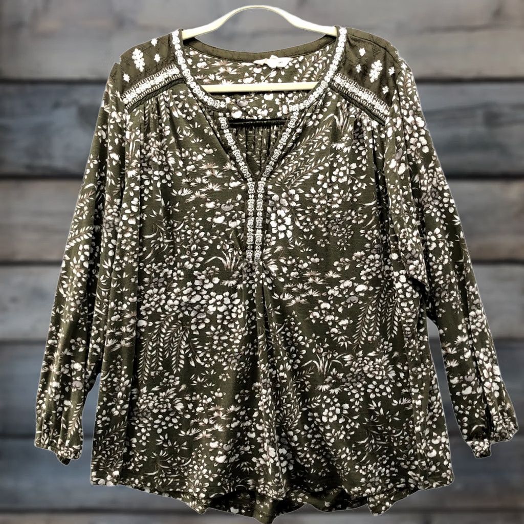 Lucky Brand Lucky Brand Long Sleeve Blouse Womens 3X Boho Floral Olive Green Embroidered Size XXL / US 16-18 / IT 52-54 - 1 Thumbnail