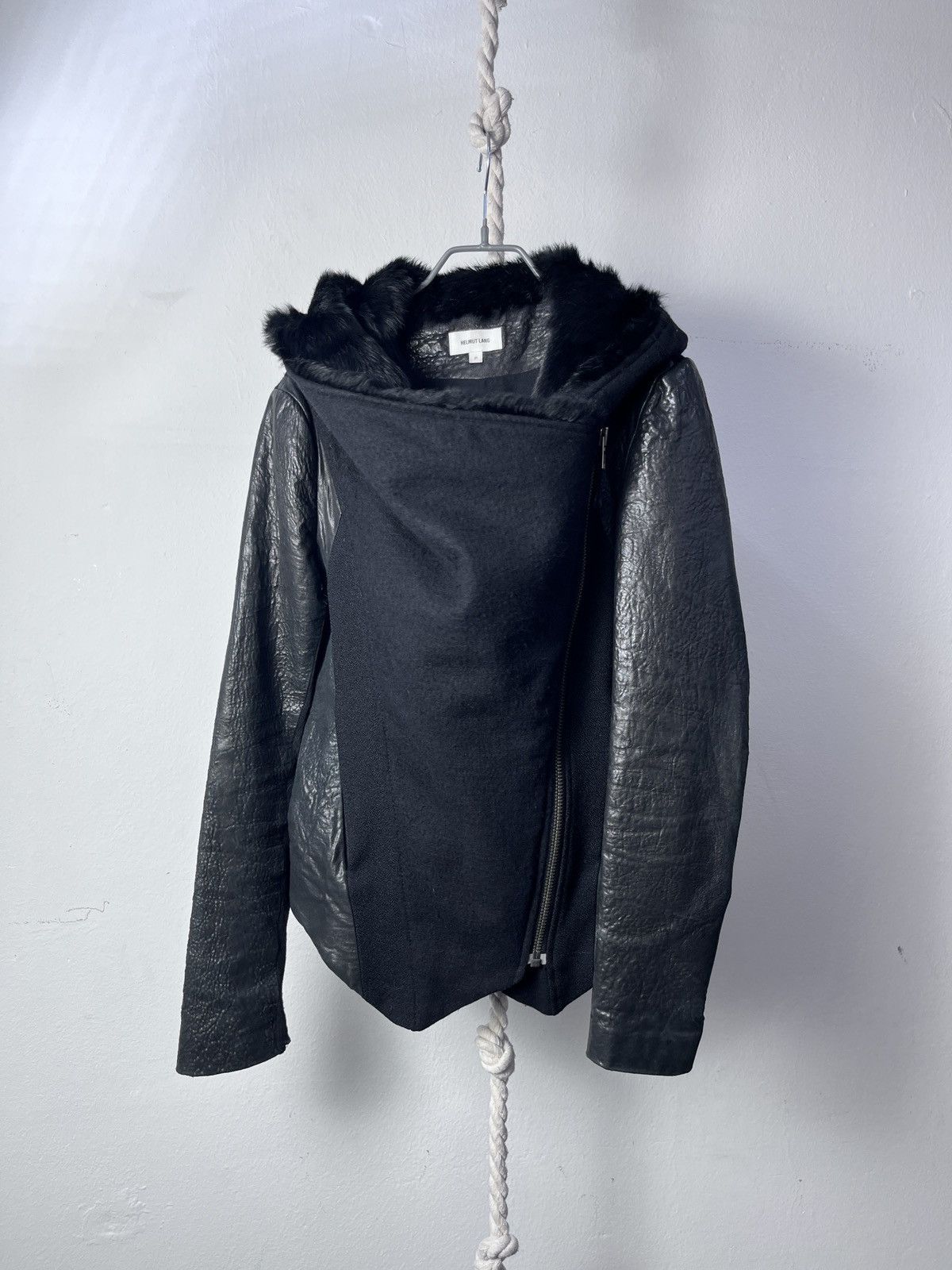 image of Helmut Lang Rabbit Fur Mouton Hood Jacket in Black, Women's