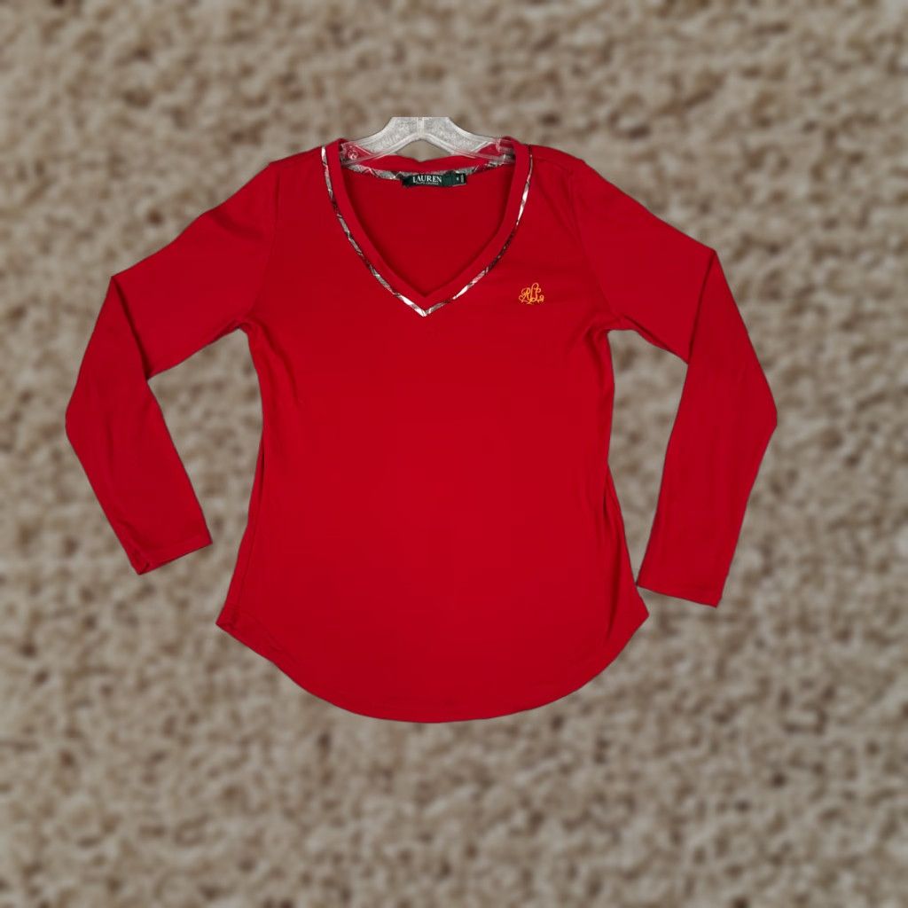Polo Ralph Lauren VINTAGE Ralph Lauren Sport Shirt Women Small Red Cotton Blend V-Neck Long Sleeve Size S / US 4 / IT 40 - 1 Thumbnail