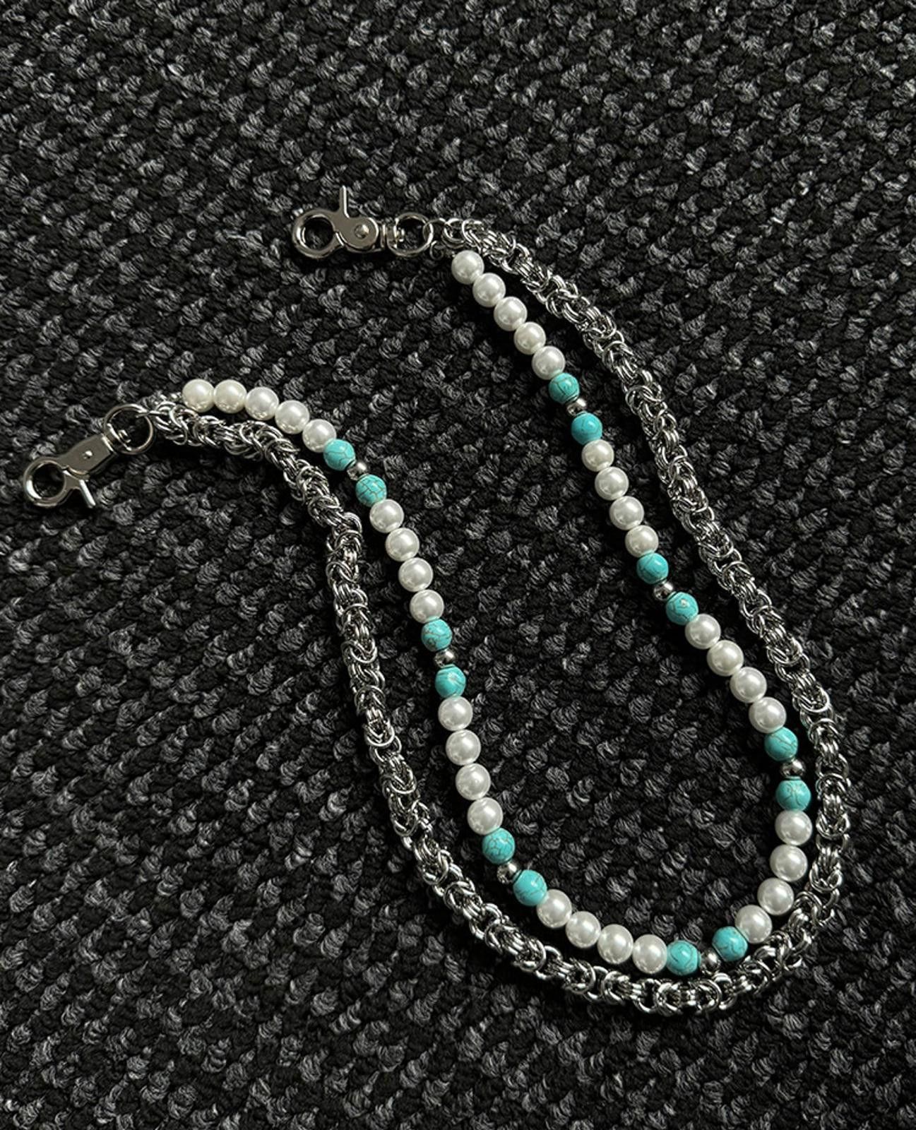Japanese Brand Stylish Pearl and Chain Belt with Turquoise Accents Size ONE SIZE - 4 Thumbnail