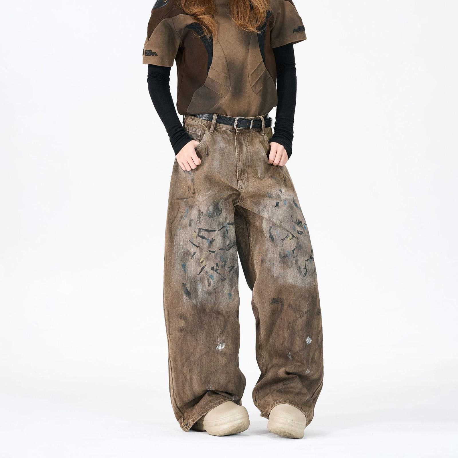 Vintage Brown Distressed Baggy Wide Leg Pants, Casual Streetwear Size 27" / US 4 / IT 40 - 2 Thumbnail
