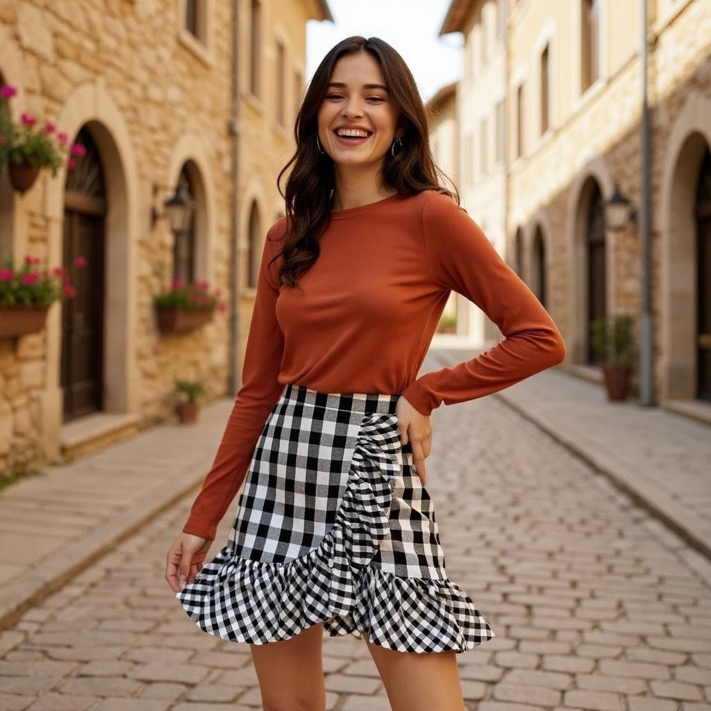 J.Crew J CREW Ruffle Wrap Gingham Mini Skirt Black White Cotton 0 Size 25" / US 0 / IT 36 - 1 Thumbnail