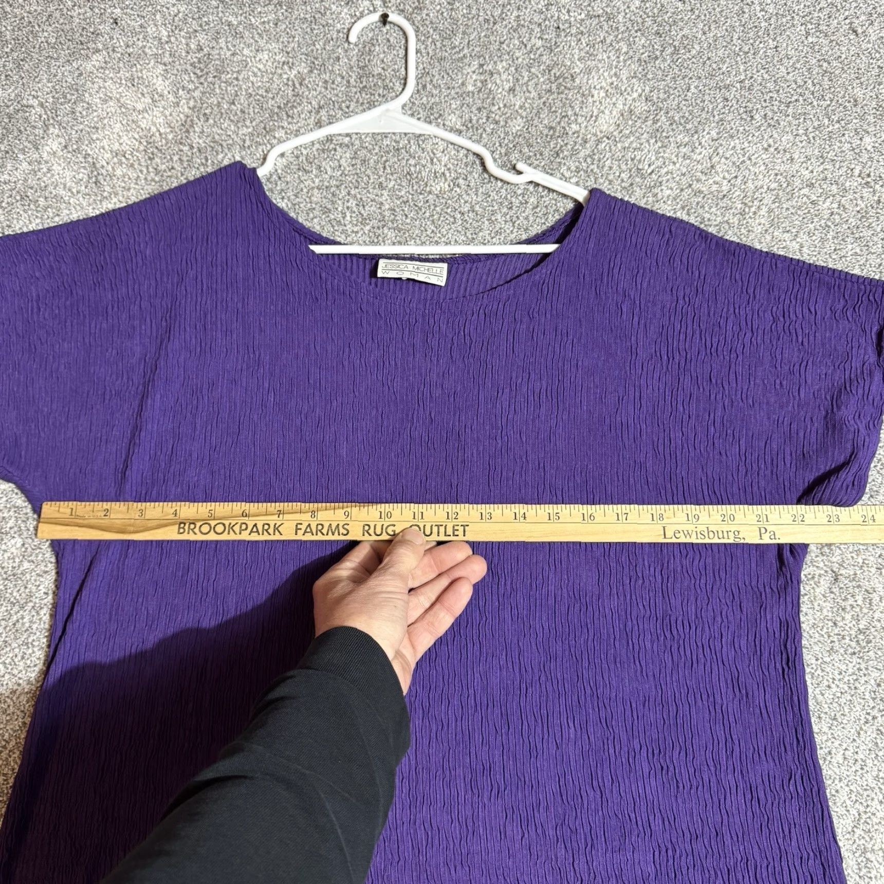 Vintage VINTAGE Jessica Michelle Top Women 20W Plus Size Boho 90s Lagenlook Crinkled Short Sleeve Round Neck Pullover Purple Nylon Acetate Blouse USA Womens Size 3XL / US 20-22 - 3 Thumbnail