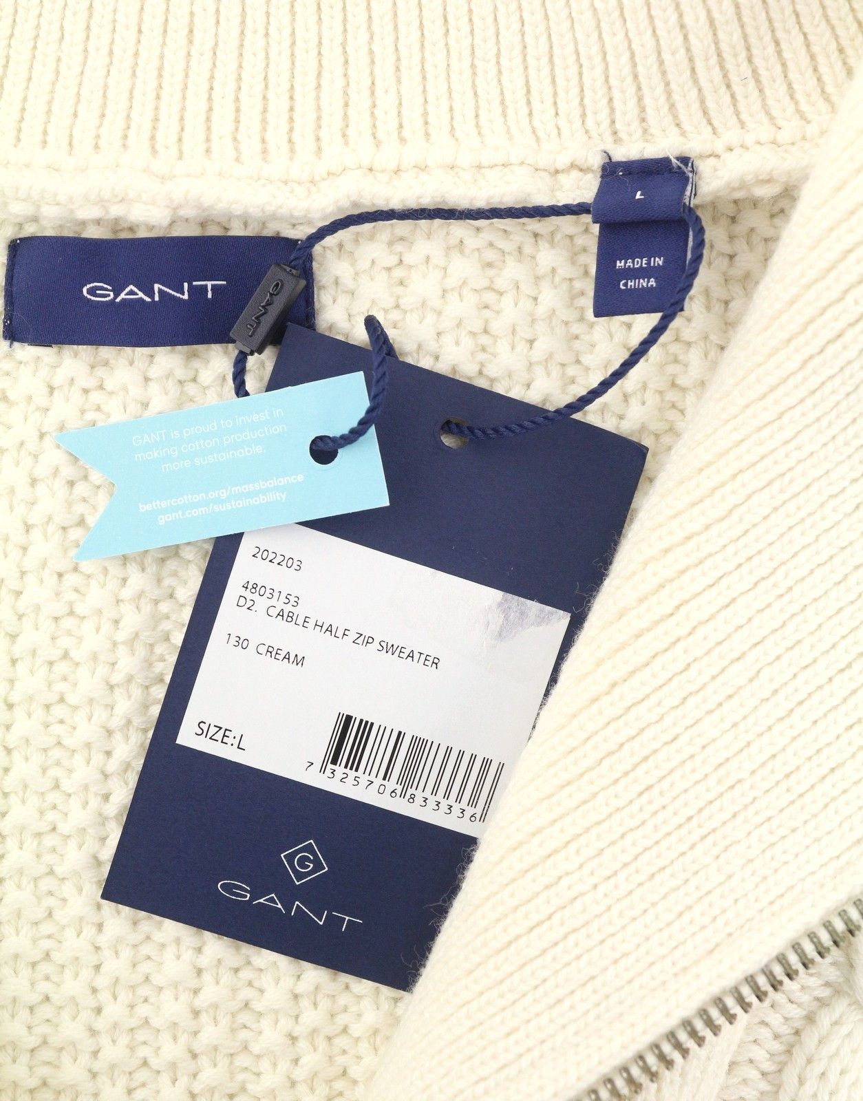 Gant CABLE HALF ZIP L Cream Wool Blend Knit 88106 Size L / US 10 / IT 46 - 7 Thumbnail