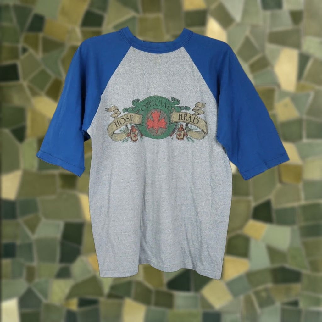 VINTAGE 80s Hose Head Raglan T-Shirt Sportswear XL Men Gray 3/4 Sleeve Crew Neck Beer Graphic 1980s