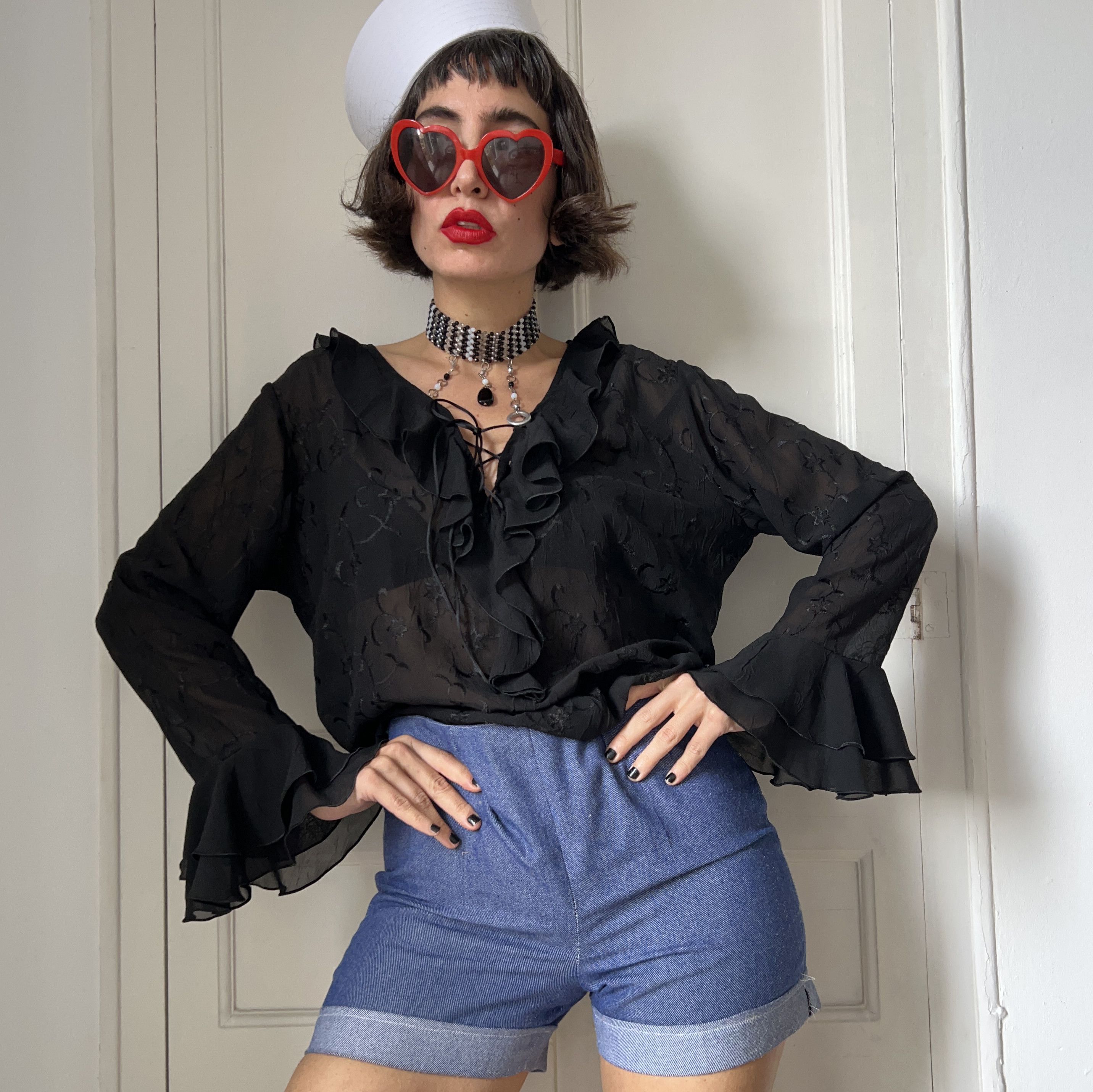 Vintage Vintage 90s Black Sheer Ruffle Poet Blouse Size XL / US 12-14 / IT 48-50 - 7 Thumbnail