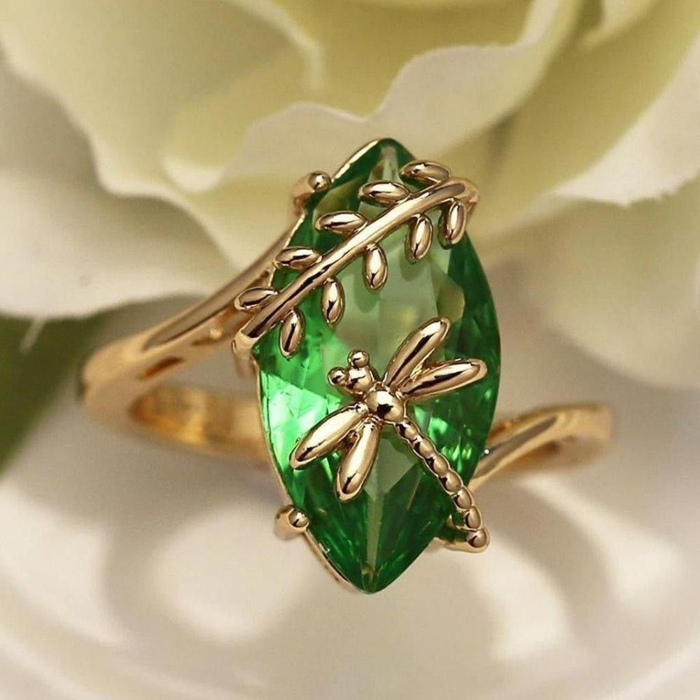 Designer Sterling Silver Green Olive Marquise Gold Dragonfly Ring Size ONE SIZE - 1 Thumbnail