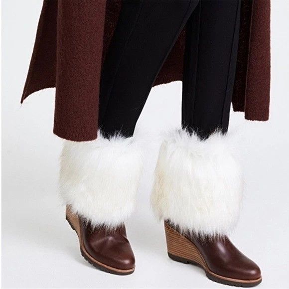 Sorel Park City Lux Brown Leather Wedge Booties Faux Fur