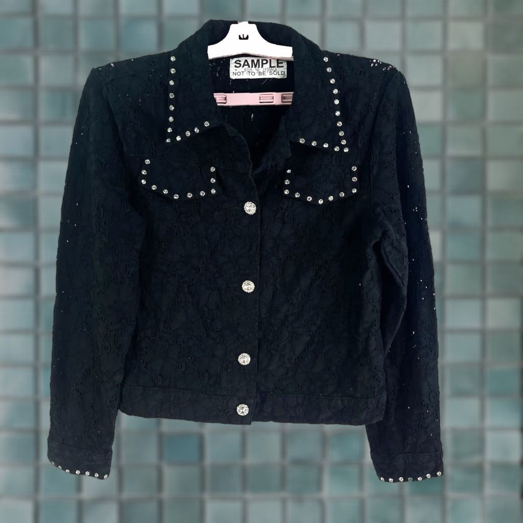 Denime Ethyl Denim Lace Rhinestones Button-Up Jacket Top Womens Size M Black Cropped Size M / US 6-8 / IT 42-44 - 1 Thumbnail