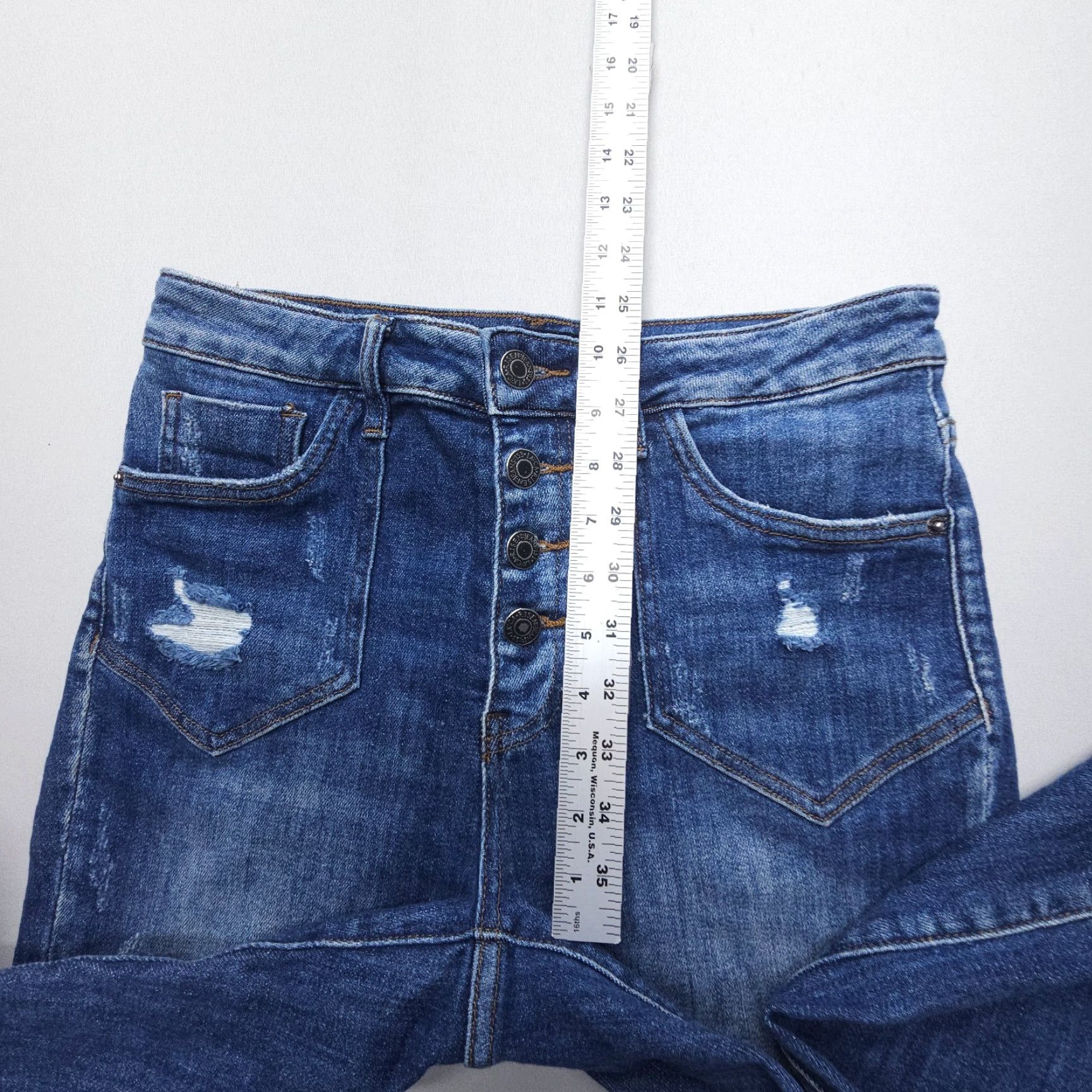 Vintage Risen Jeans Womens 28 High Rise Button Fly Distressed Straight Dark Wash Denim Blue 5-Pocket Stretch Size 28" / US 6 / IT 42 - 6 Thumbnail