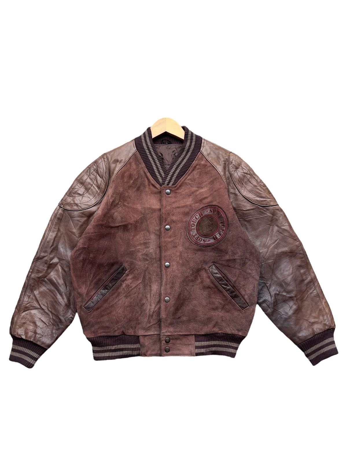 Vintage Vintage 90s Soft Touch Brown Varsity Leather Jacket Size US M / EU 48-50 / 2 - 2 Thumbnail