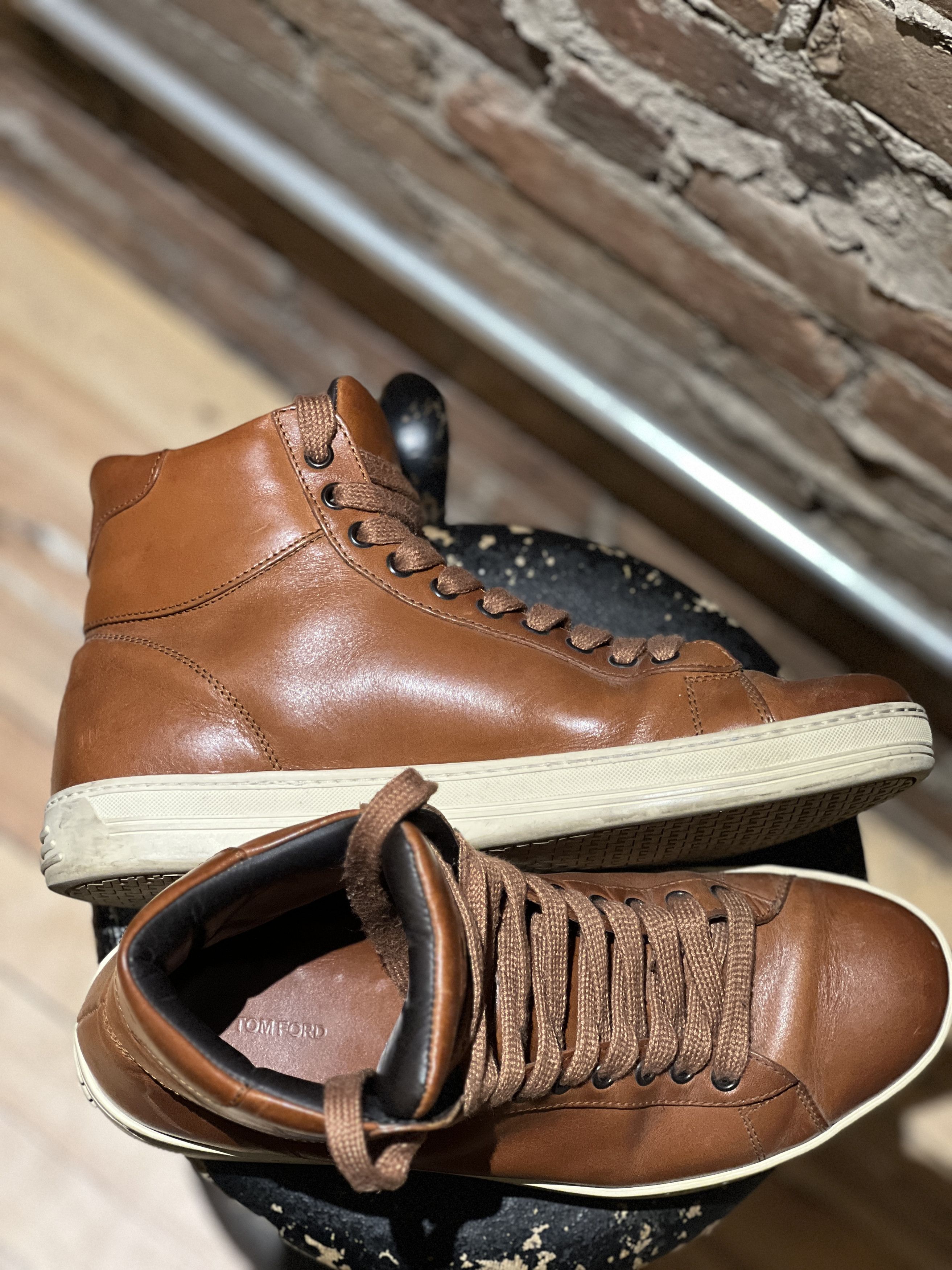 Tom Ford Tom Ford Brown Leather High-Top Sneakers – Cognac Brown Size US 8 / EU 41 - 8 Thumbnail