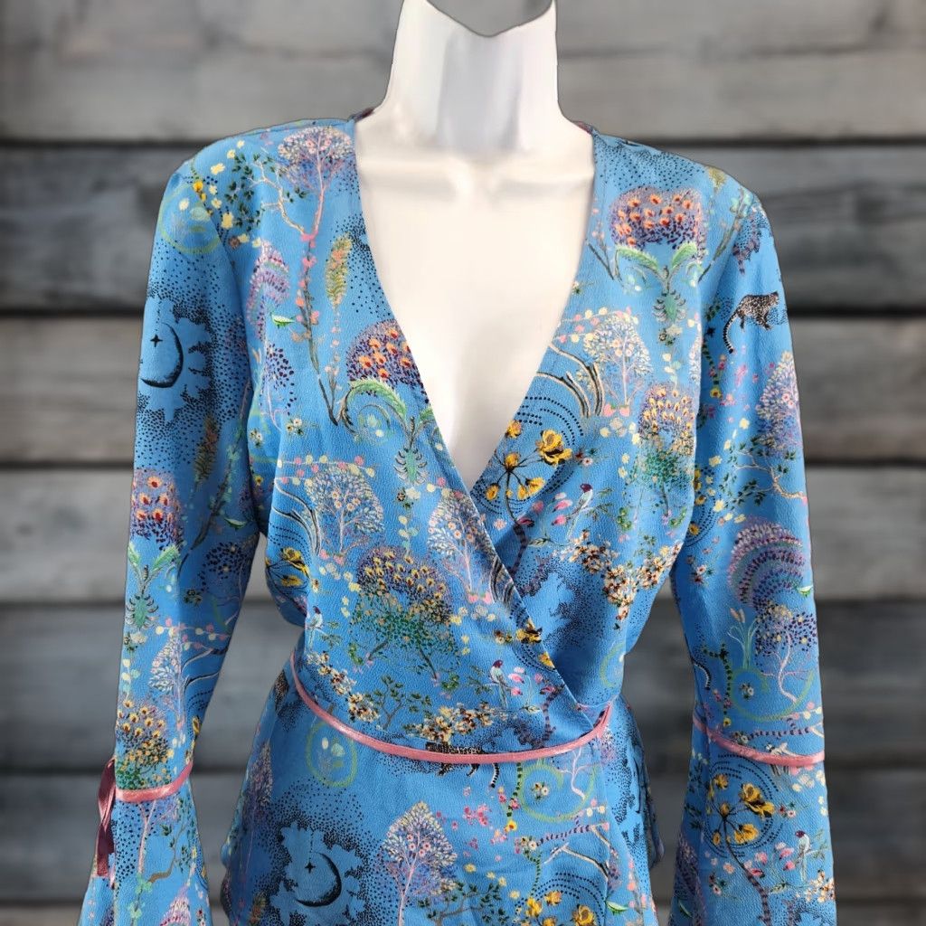 Topshop Topshop Womens Wrap Top Sz 6 Blue Pink Floral Bell Sleeves V-Neck Size S / US 4 / IT 40 - 1 Thumbnail