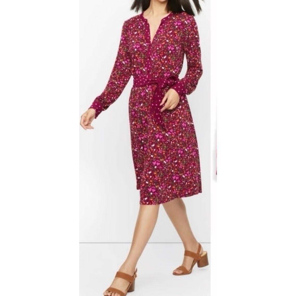 Talbots Talbots Womens Floral Contrast Belted Dress Long Sleeve Slit Size L / US 10 / IT 46 - 1 Thumbnail
