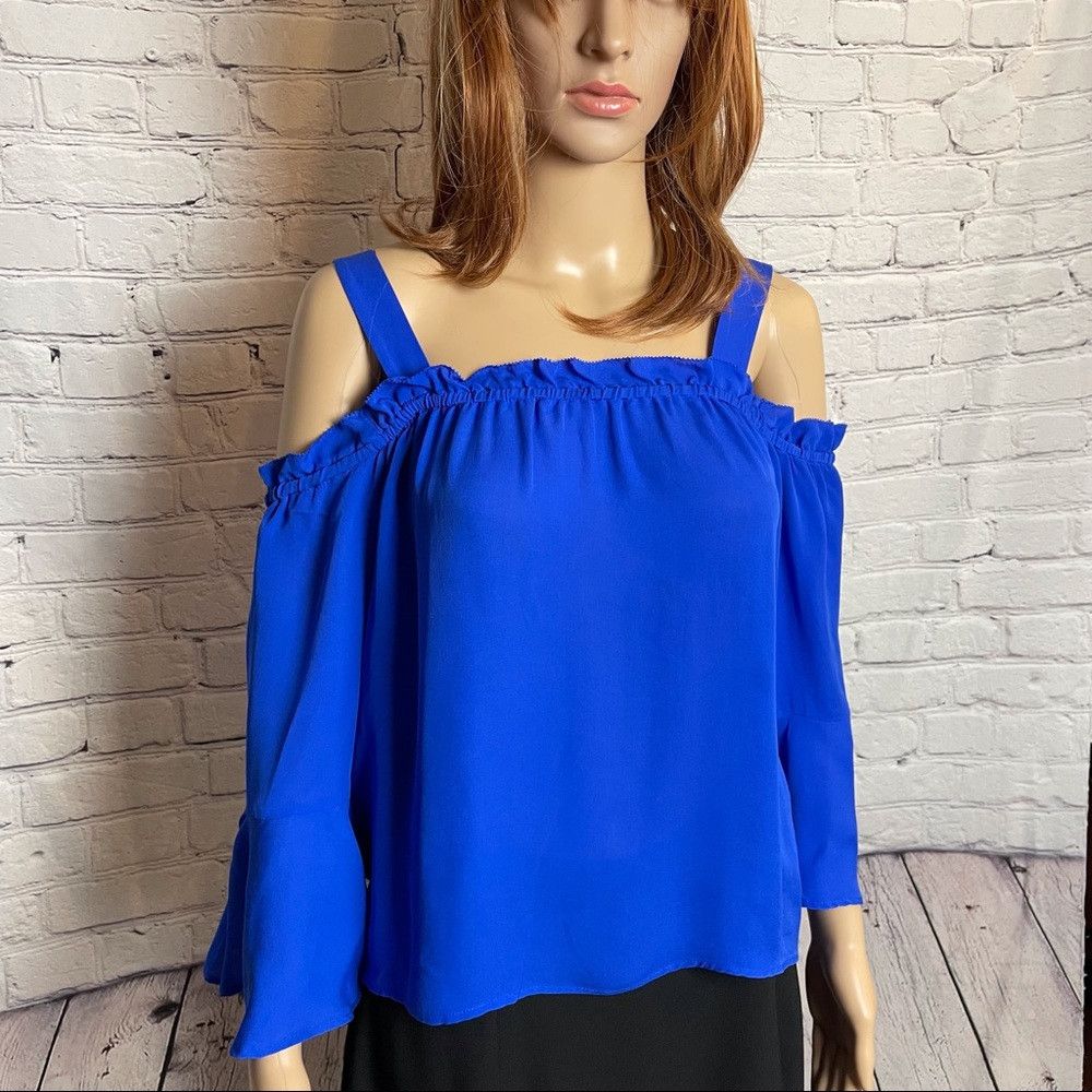 J.Crew J. Crew Blue Silk Ruffle Silk Cold Shoulder Blouse Size XS / US 0-2 / IT 36-38 - 6 Thumbnail