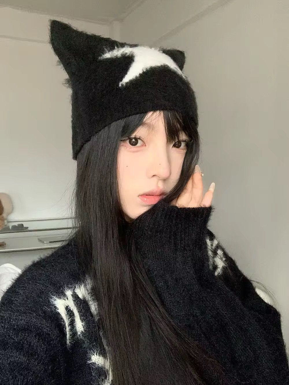 Japanese Brand Kawaii Knitted Star Pattern Cat Ear Beanies Hat Size ONE SIZE - 3 Thumbnail